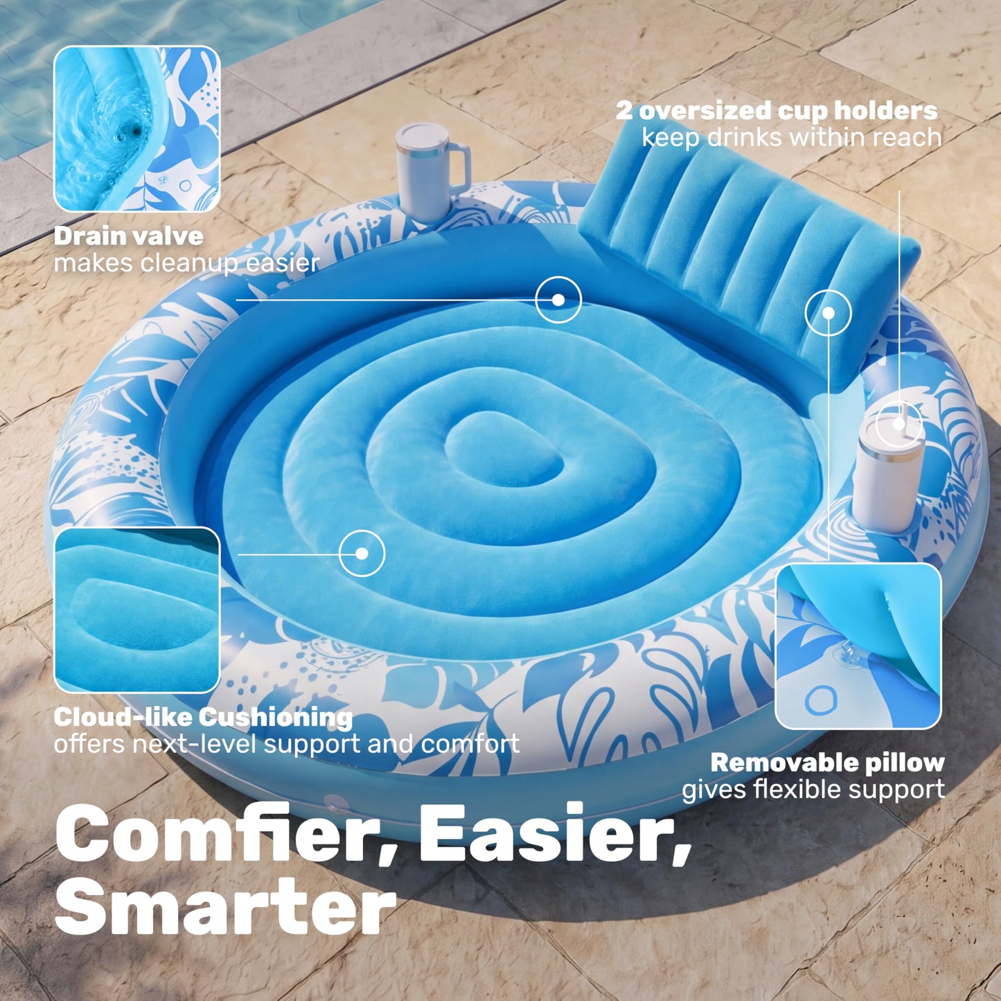 SLOOSH Inflatable Tanning Pool Lounger Float, 72" x 56" Pool Floats Adult with Pillow, 4 in 1 Round Suntan Tub Raft Floatie,Sunbathing Bed Lounge
