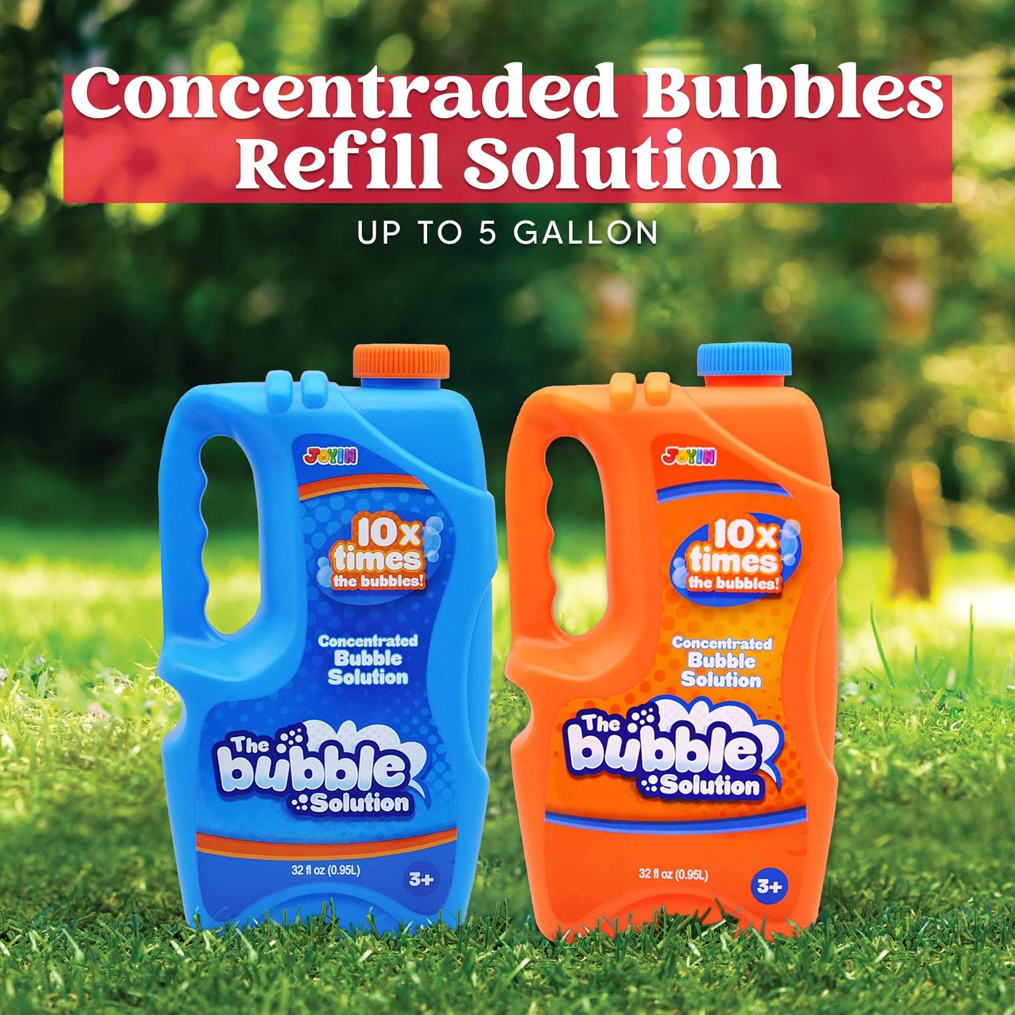 JOYIN 2 Bottles Bubbles Refill Solutions 64 oz (up to 5 Gallon), Concentrated Solution for Bubble Machine, Gun, Wand Refill Fluid Summer, Easter