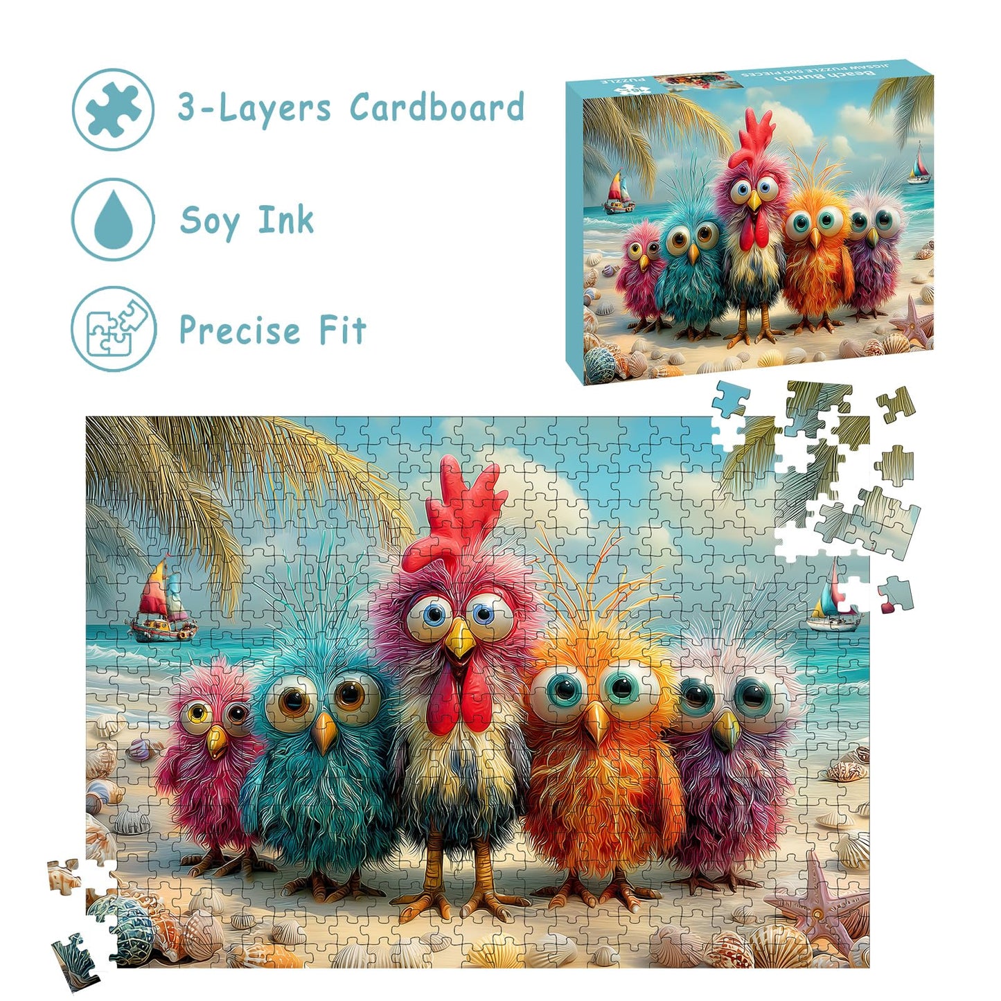Puzzles for Adults 500 Pieces, Chicken Jigsaw Puzzles - Beach Bunch, Impossible Beach Puzzles for Seniors Family, 20.47x14.96 inches, 1:1 Poster