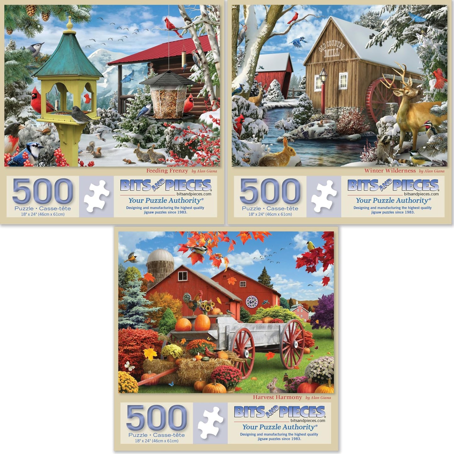 Bits and Pieces Value Set of Three 500 Piece Jigsaw Puzzles for Adults - Winter Fall Set Jigsaw Puzzles by Alan Giana, Completed Puzzle Size 18" x 24"