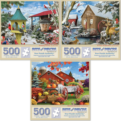 Bits and Pieces Value Set of Three 500 Piece Jigsaw Puzzles for Adults - Winter Fall Set Jigsaw Puzzles by Alan Giana, Completed Puzzle Size 18" x 24"