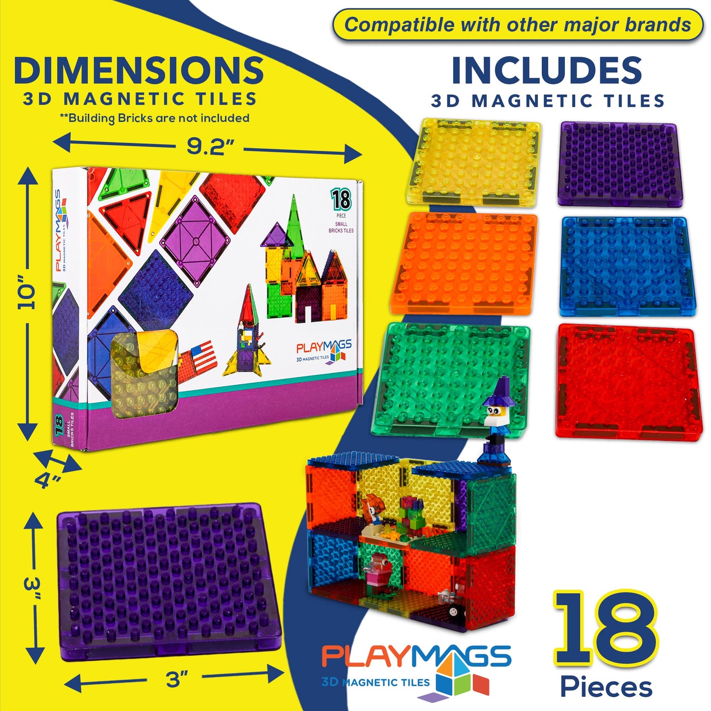 Playmags Magnetic Tiles, 18Pcs Magnetic Building Bricks, Exclusive Magnetic Blocks, Skill Development, Ages 3+ (Small Bricks Tiles)