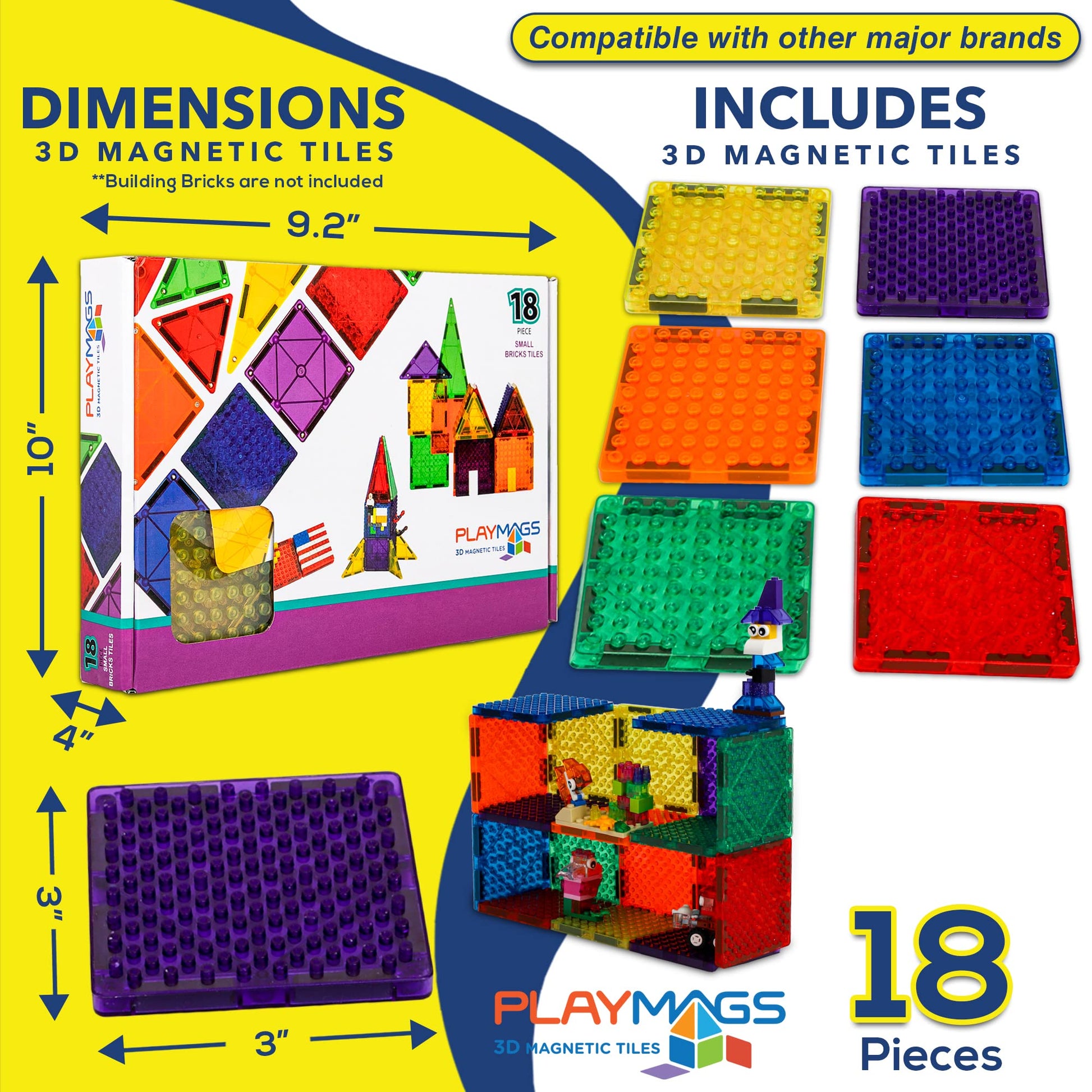 Playmags Magnetic Tiles, 18Pcs Magnetic Building Bricks, Exclusive Magnetic Blocks, Skill Development, Ages 3+ (Small Bricks Tiles)