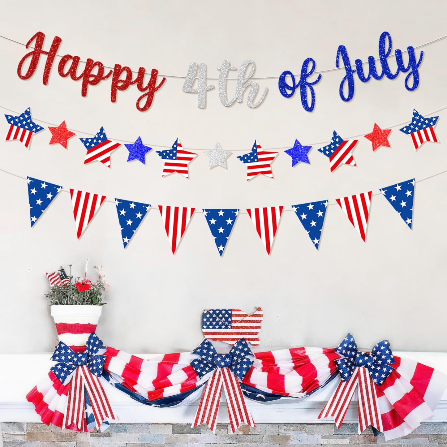 Happy 4th of July Patriotic Banner Garland, Pre-Strung Cardboard Stars and Pennants, Red White Blue USA Flag Stars and Stripes for Independence Day