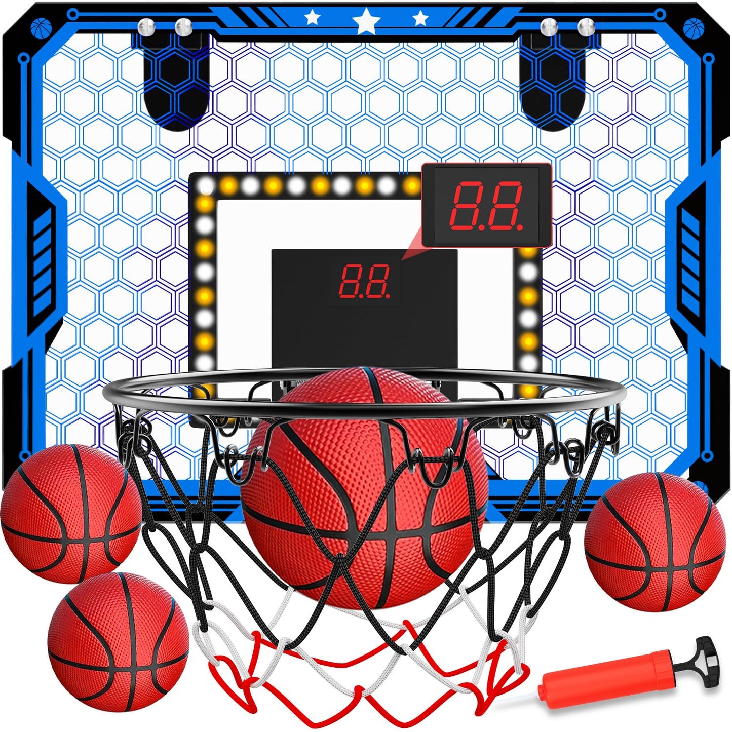 Indoor Basketball Hoop for Kids, Over the Door Mini Basketball Hoop Set with LED Lights, Scoreboard, 4 Balls & Sound Effects - Indoor Toys Gift