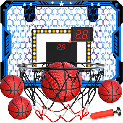 Indoor Basketball Hoop for Kids, Over the Door Mini Basketball Hoop Set with LED Lights, Scoreboard, 4 Balls & Sound Effects - Indoor Toys Gift