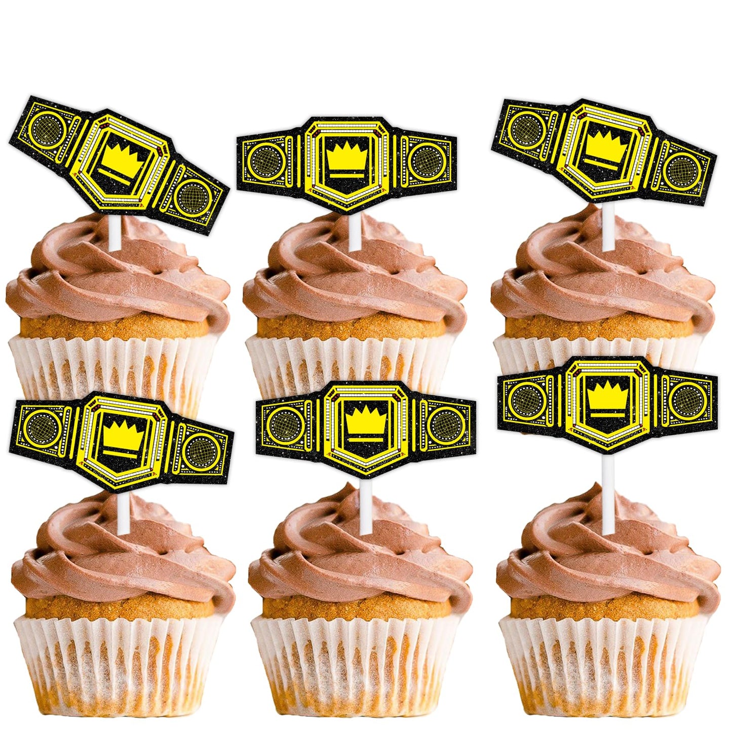 18pcs Gold Glitter Heavyweight Belt Dessert Cupcake Topper Wrestling Sport Champion Theme Decor Supplies Men Women Happy Birthday Anniversary Party