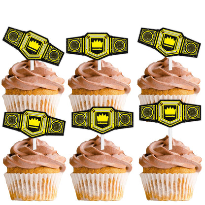 18pcs Gold Glitter Heavyweight Belt Dessert Cupcake Topper Wrestling Sport Champion Theme Decor Supplies Men Women Happy Birthday Anniversary Party