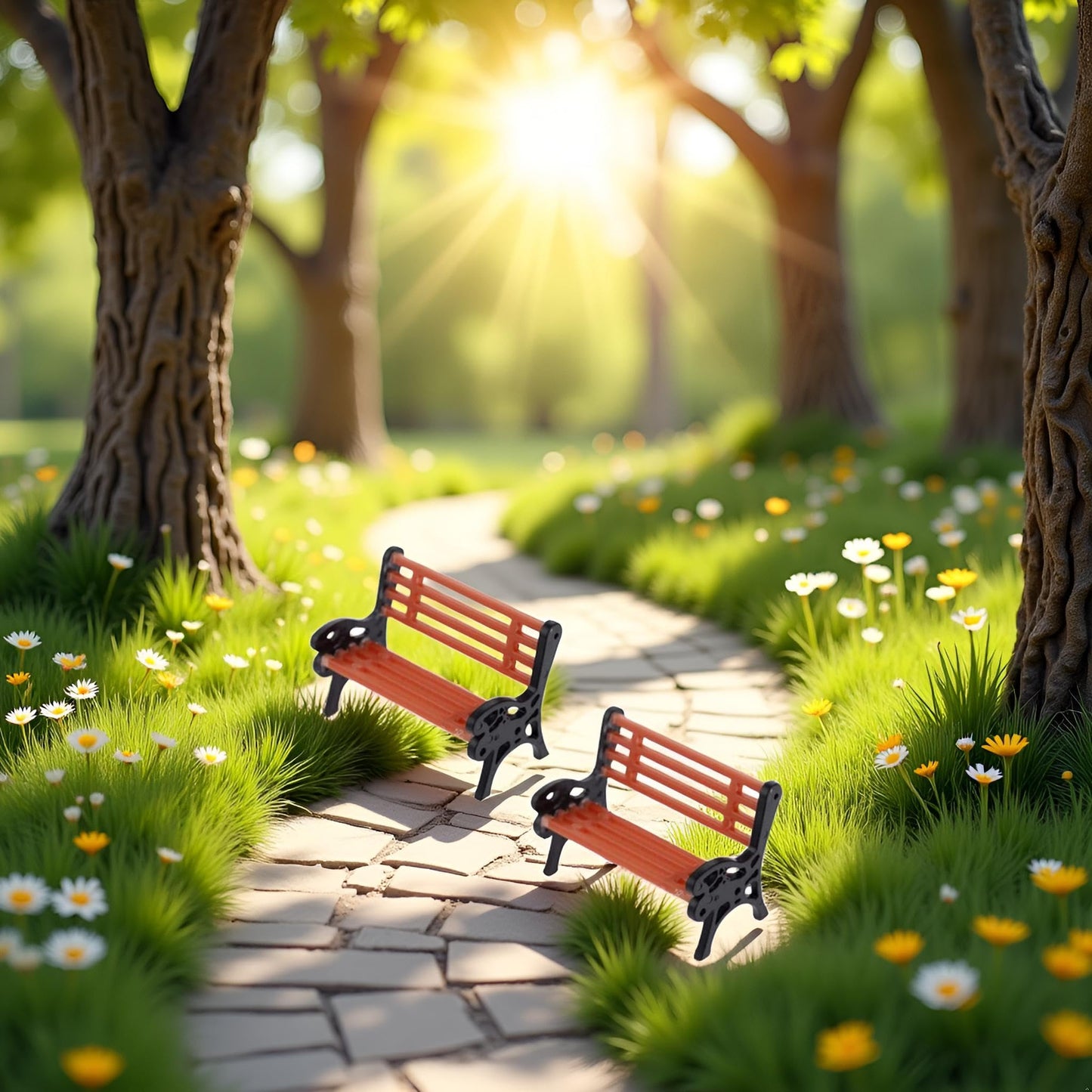 2Pcs Brown Miniature Park Bench Set, Street Seats and Garden Ornaments for Dollhouse and Fairy Garden Decor, Mini Bench Chairs for Train Platform