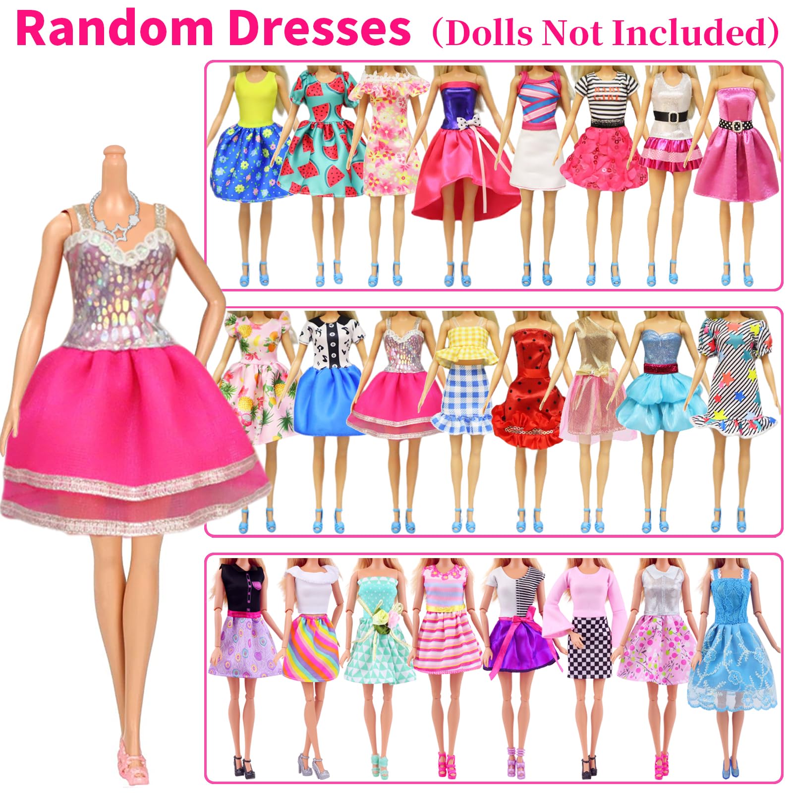 Ecore Fun 39 Pcs Doll Clothes and Accessories 3 Fashion Dresses 10 Slip Dresses 3 Tops 3 Pants 10 Necklaces 10 Shoes Fashion Casual Outfits Perfect