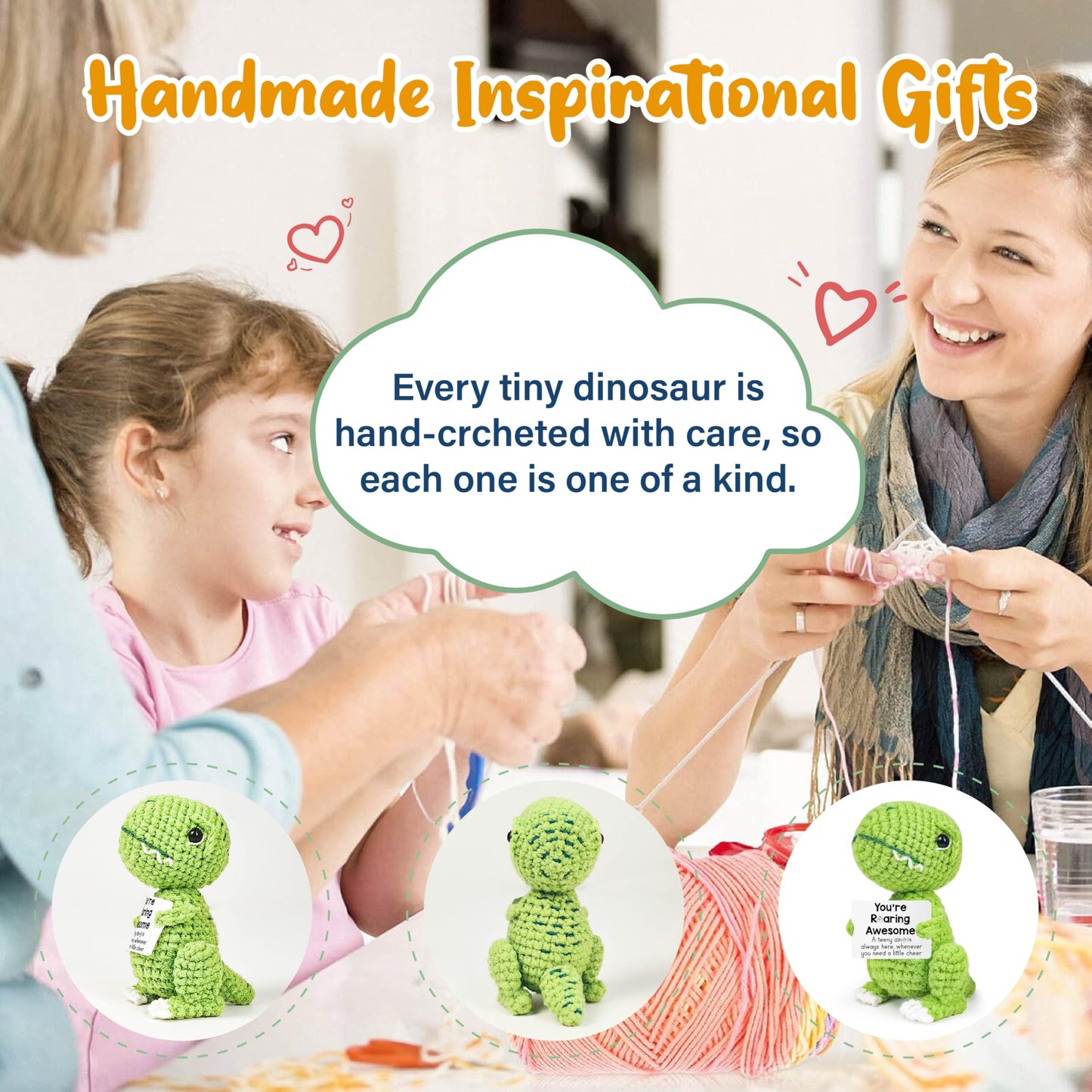 Inspirational Crochet Cheerful Dinosaur - Handmade Cute Reminder Emotional Support Funny Gift for Women Student College Coworkers Birthday Graduation
