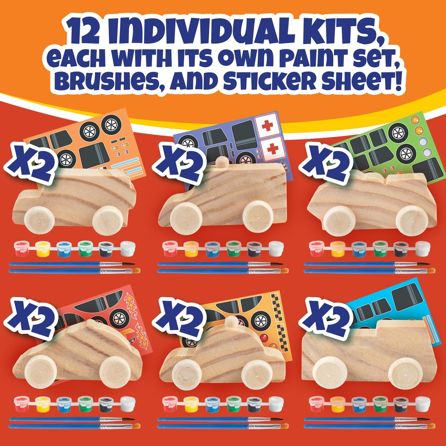 Kids Paint Your Own Wooden Car Craft Kits (12 Pack) - DIY Wood Painting Art Kits, Individually Wrapped w Paint, Brush & Bonus Decal Stickers - Party