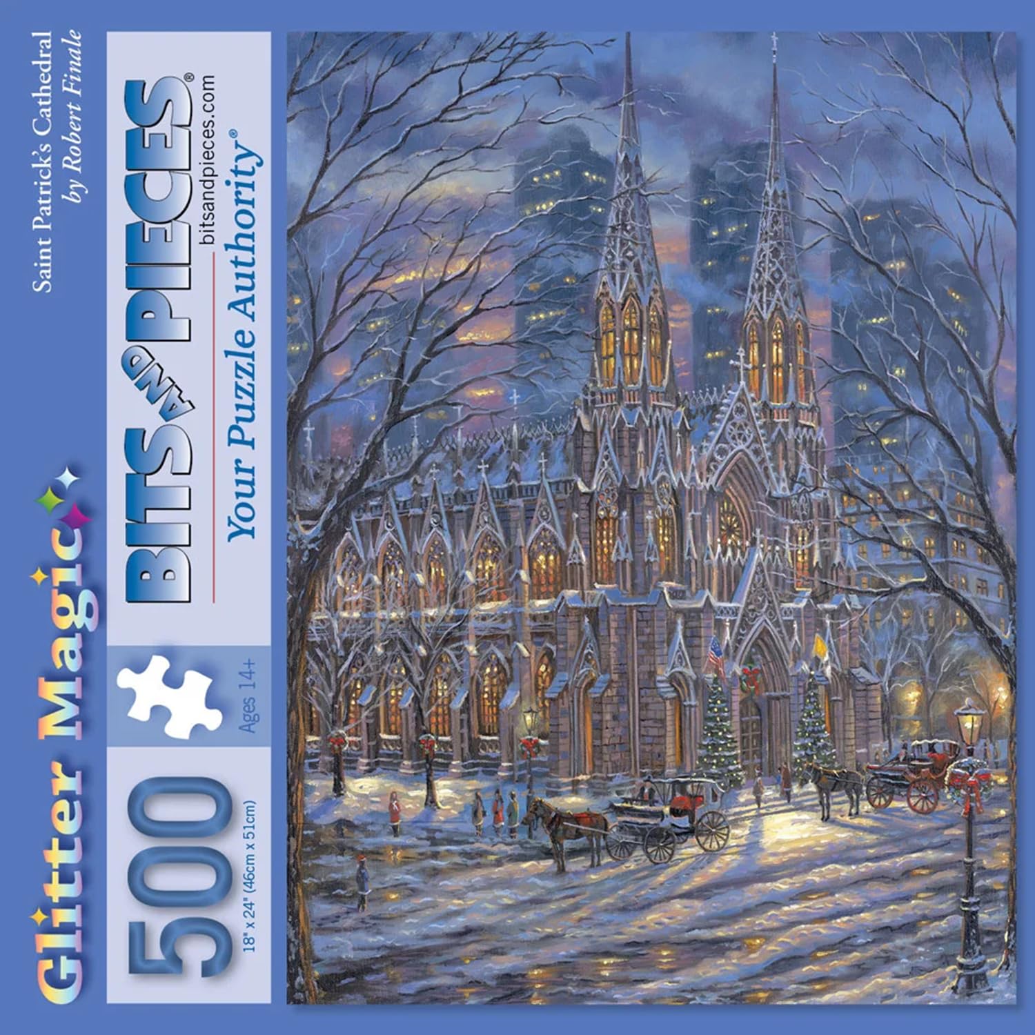 Bits and Pieces 500 Piece Puzzles for Adults - Saint Patrick's Cathedral - - Large 18" x 24" Glitter Jigsaw Puzzles 500 Pieces Snowy Church Scene, No
