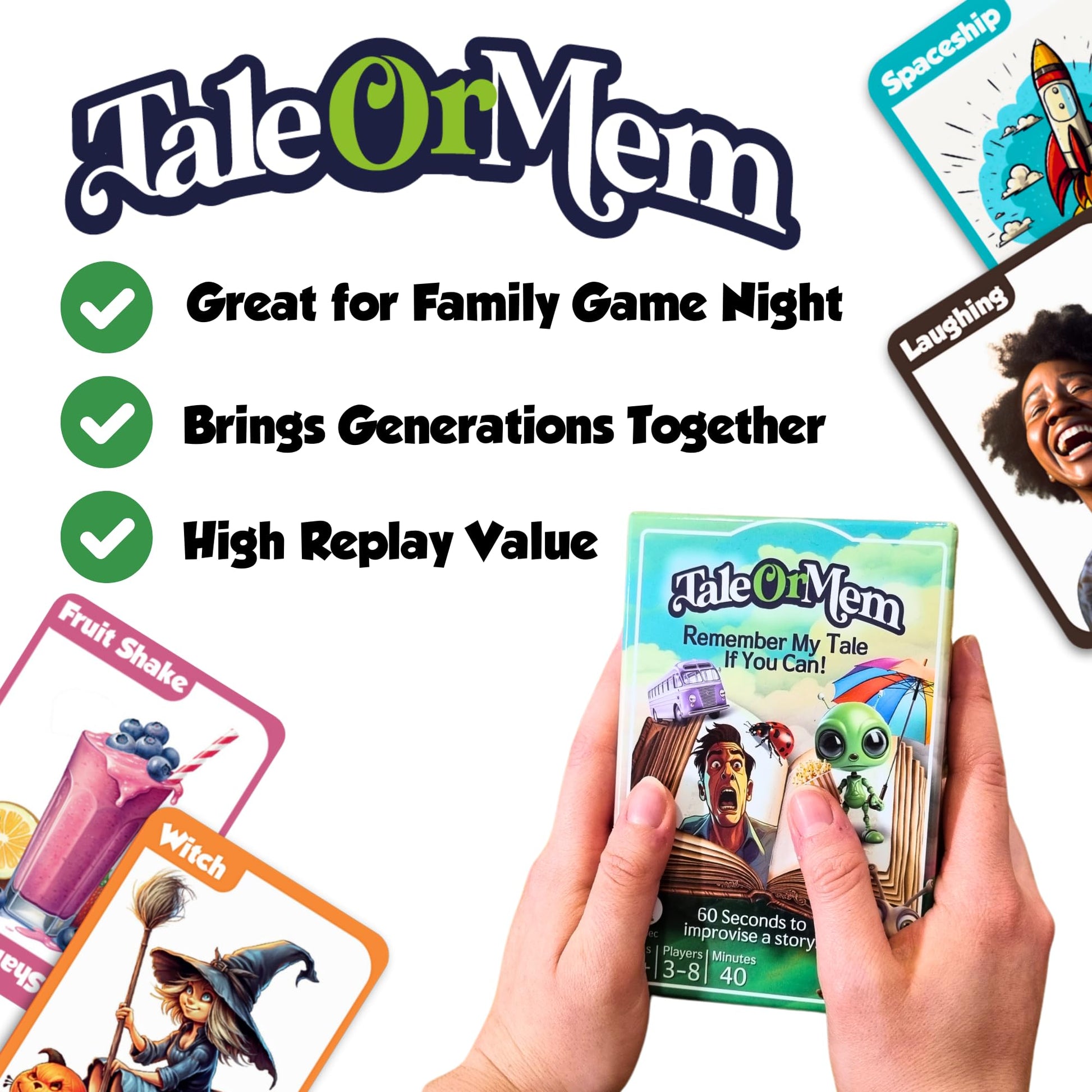 TaleOrMem - Award-Winning Improv Game for Adults & Kids. A creative mix of tall tales story telling game and recall skills. Contains 180 Story Telling
