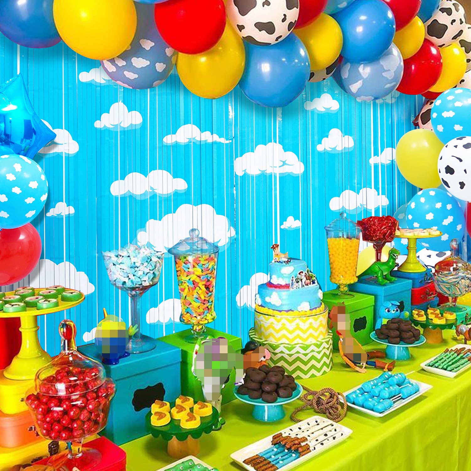 Cartoon Toy Inspired Story Birthday Party Decoration, 2 Pack Story Party Photo Booth Prop, Blue Sky White Cloud Fringe Curtains Tinsel Photo Streamers