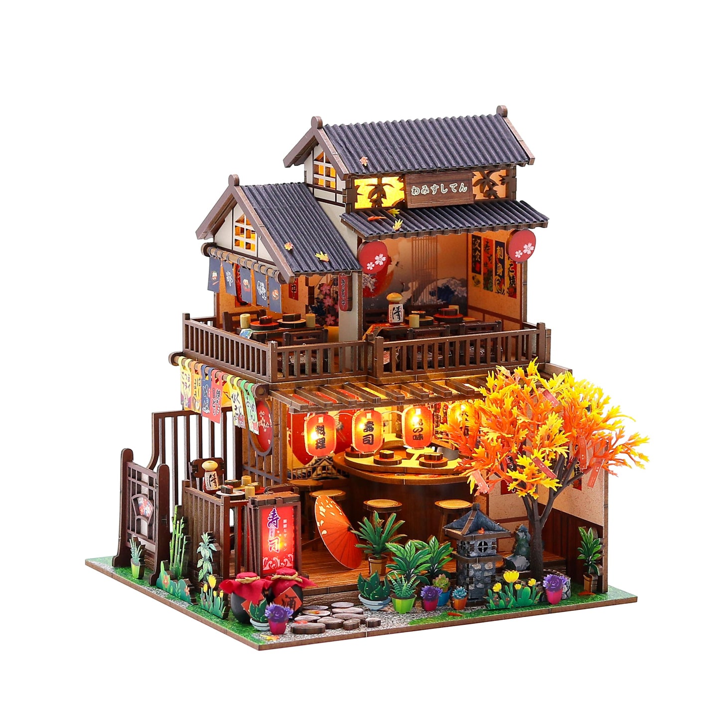 DIY Miniature House Kit, Dollhouse Diorama with LED Lights (Sushi House)