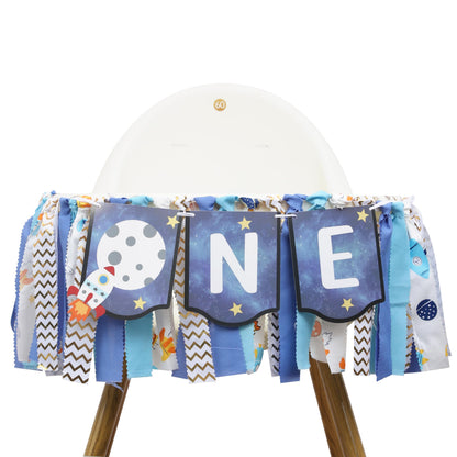 Outer Space High Chair Banner - Planets Astronaut Rocket 1st Birthday Decorations,Space First High Chair One Banner Party Decor,First Trip Around Sun