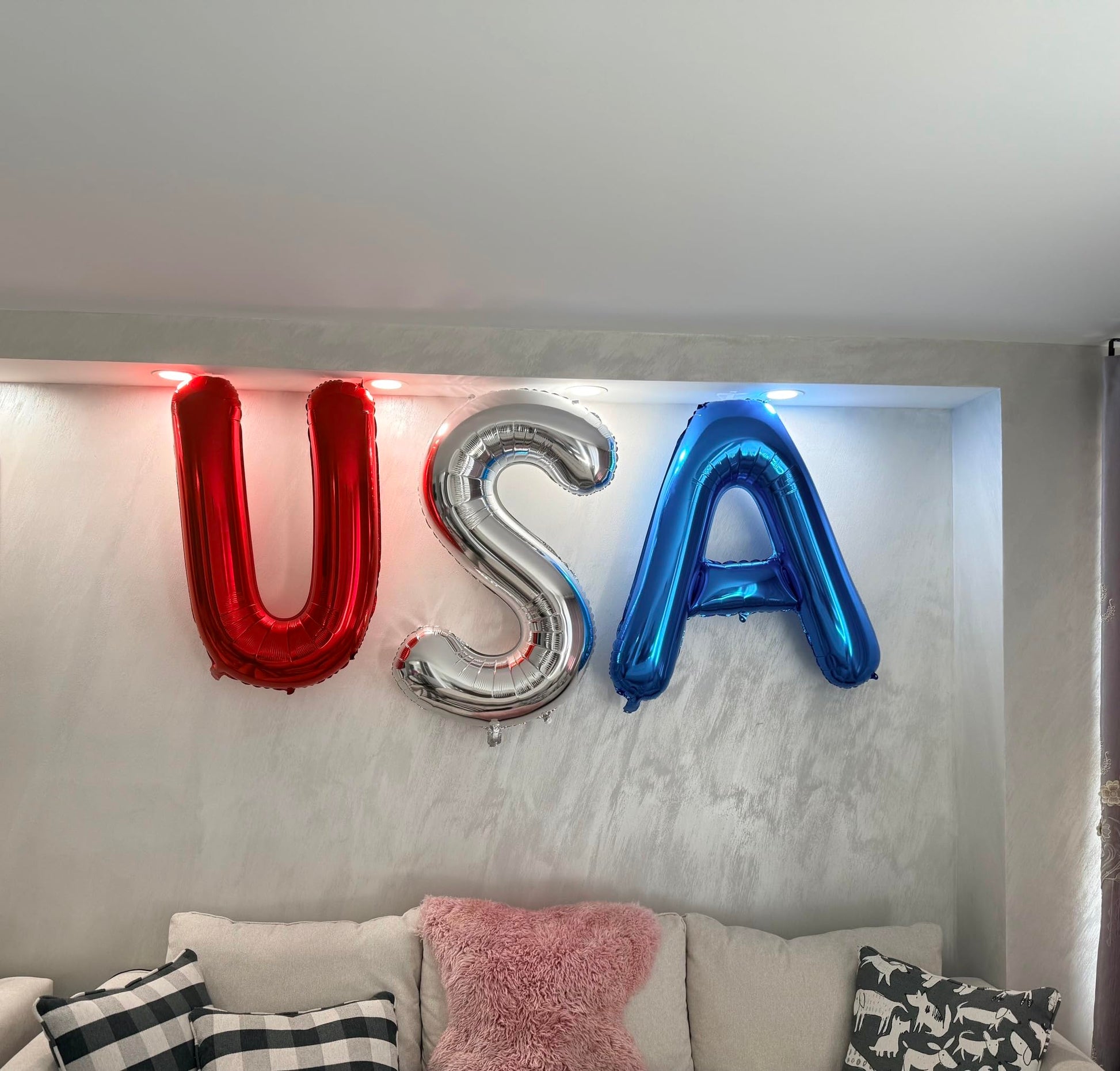 Dream Decor USA Balloon Letters - 40 Inch Patriotic Foil Letter Balloons (U Red, S Silver, A Blue) with Ribbon & Inflation Straw - 4th of July