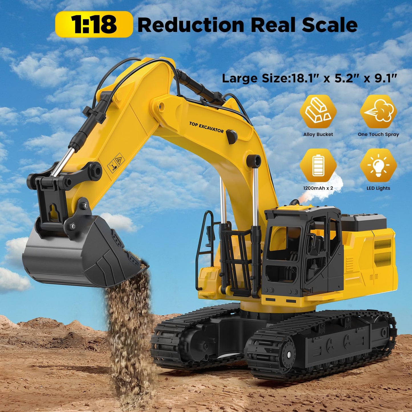 1:18 Metal RC Excavator Toy for Kids | 11-Channel Remote Control Construction Vehicle with Water Spray, Lights & Sounds, Dual 100-Min Batteries, 2026