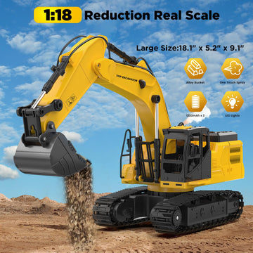 1:18 Metal RC Excavator Toy for Kids | 11-Channel Remote Control Construction Vehicle with Water Spray, Lights & Sounds, Dual 100-Min Batteries, 2026