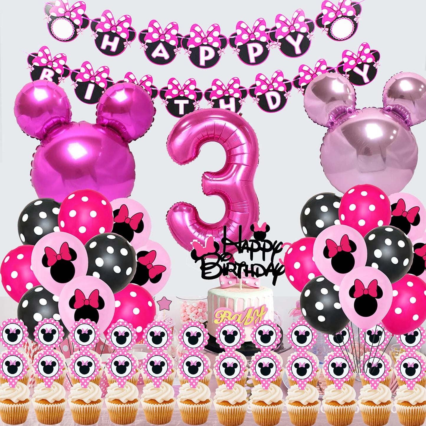 50pcs Pink Mouse Birthday Decorations 3 year old Girl Birthday Party Supplies Balloons Cake Topper Cupcake Topper