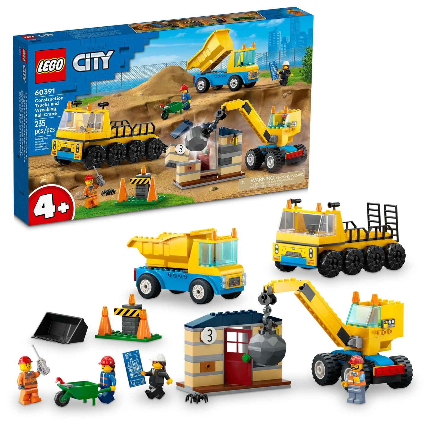 LEGO City Construction Trucks and Wrecking Ball Crane 60391 Building Toy Set for Toddler Kids Ages 4+, Includes 3 Construction Vehicles, an Abandoned