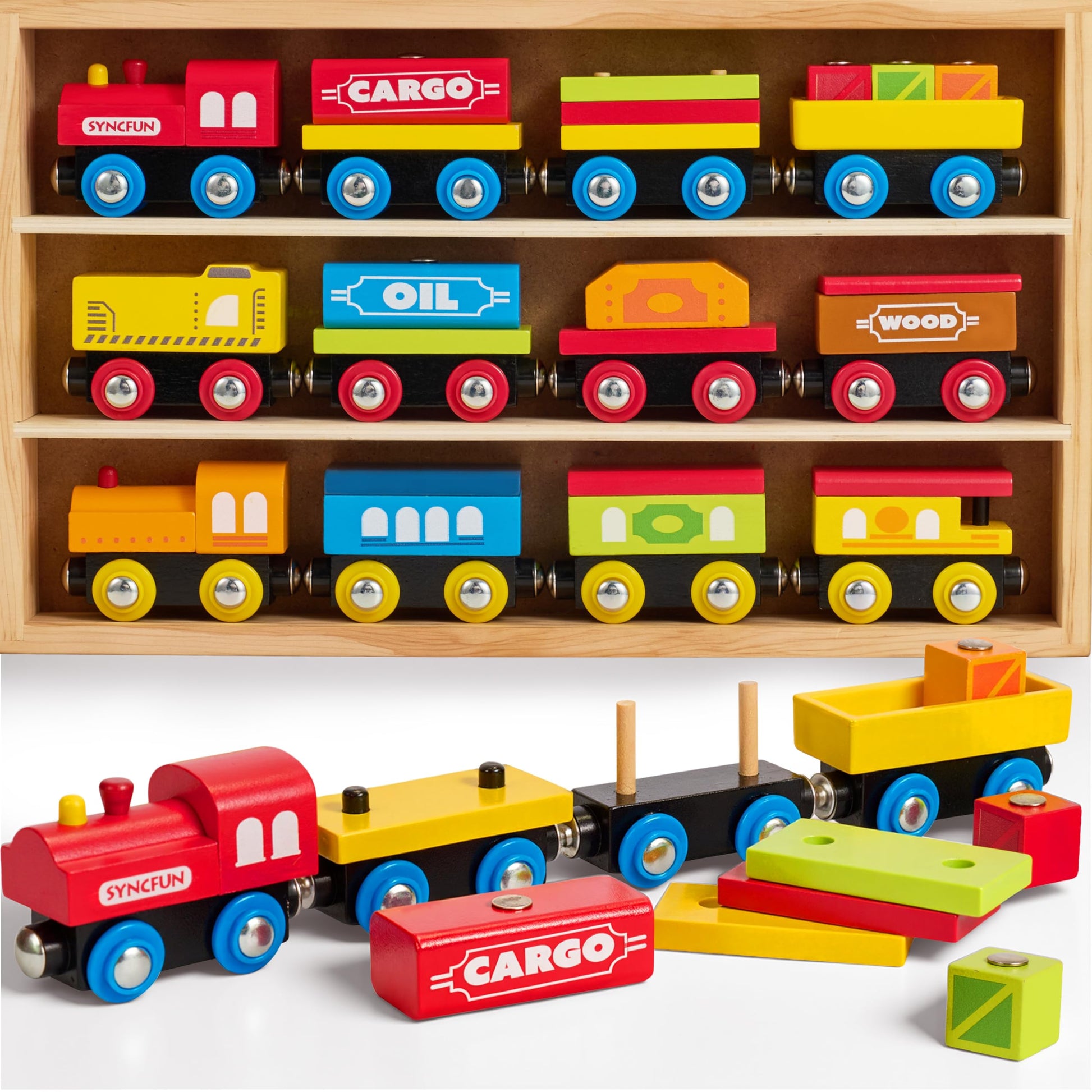 Montessori Wooden Train Toy Set for Kids, 12PCS Magnetic Train Cars with Storage Gift Box, STEM Educational Toy for Boys & Girls, Ages 3-8 Years