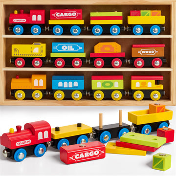Montessori Wooden Train Toy Set for Kids, 12PCS Magnetic Train Cars with Storage Gift Box, STEM Educational Toy for Boys & Girls, Ages 3-8 Years