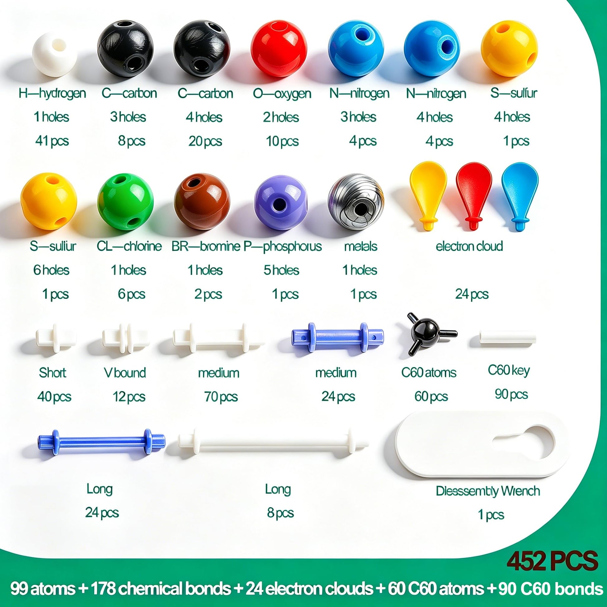 EXBEPE Chemistry Molecular Model Kit 452pc with C60,Educational Science Set Learning Chemistry Atoms,Bonds and Structures Teaching Aids School