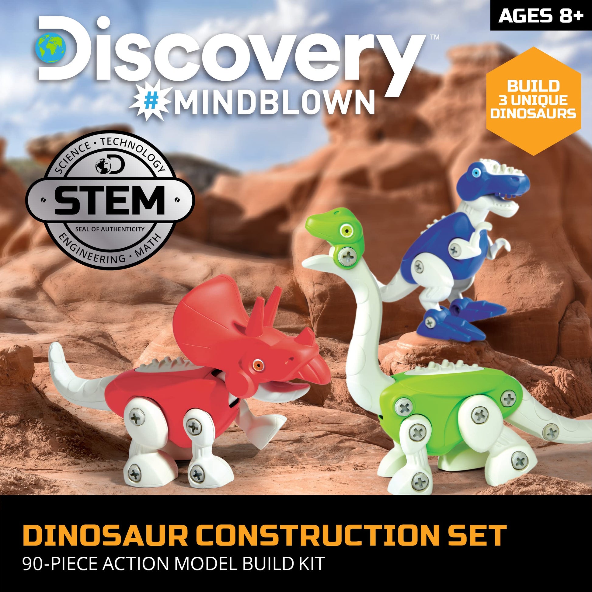 Discovery™ Dinosaur Construction Set, 90-Piece Action Model Build Kit, Kid-Safe Electronic Tools & Screws, Create T-Rex Triceratops, Prehistoric