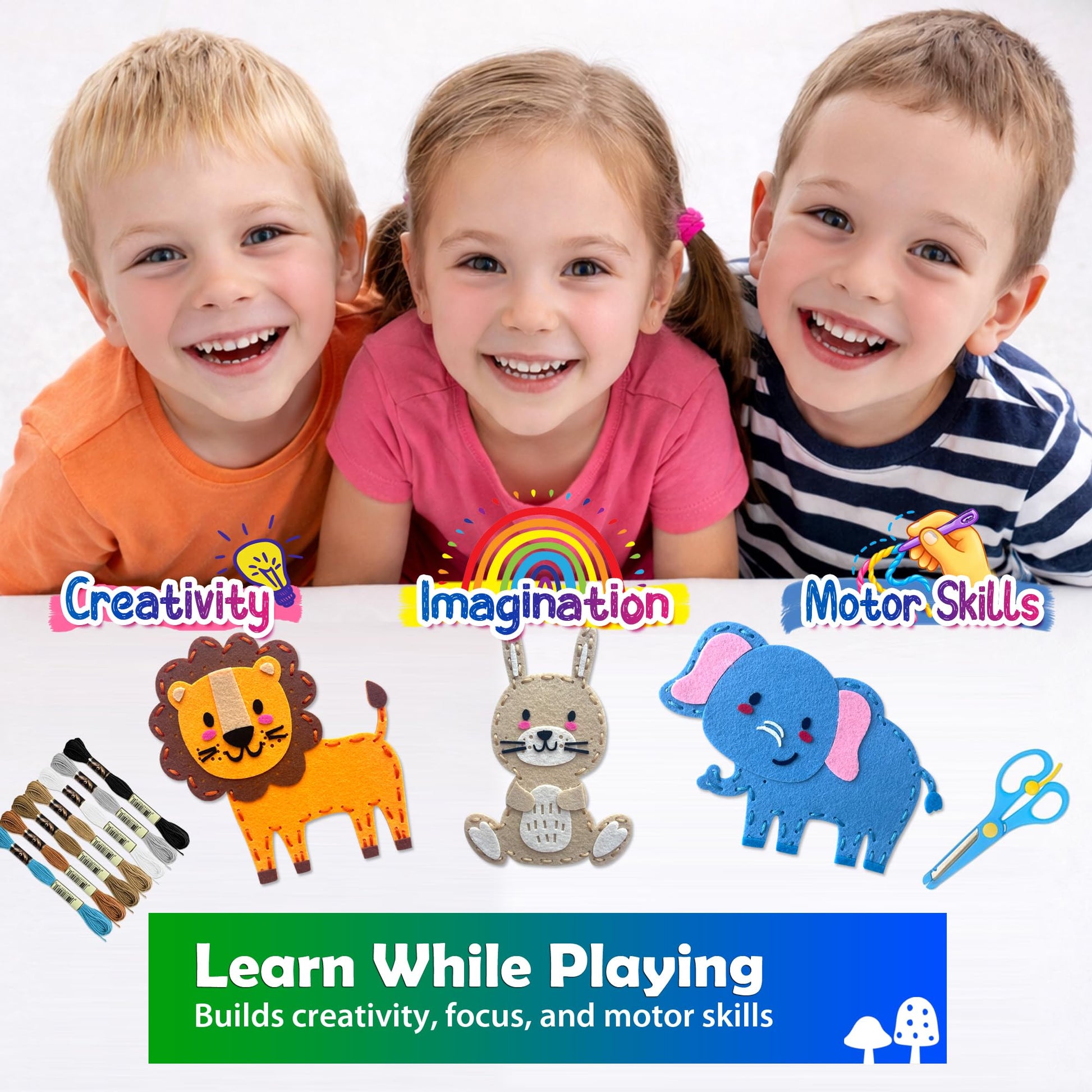 Sii Pikki Sewing Kit for Kids - 9 Easy Projects Cute Safari Animals, Beginner Sewing Kit with Felt & Instructions, Kids Sewing Kit Ages 6-12, Learn