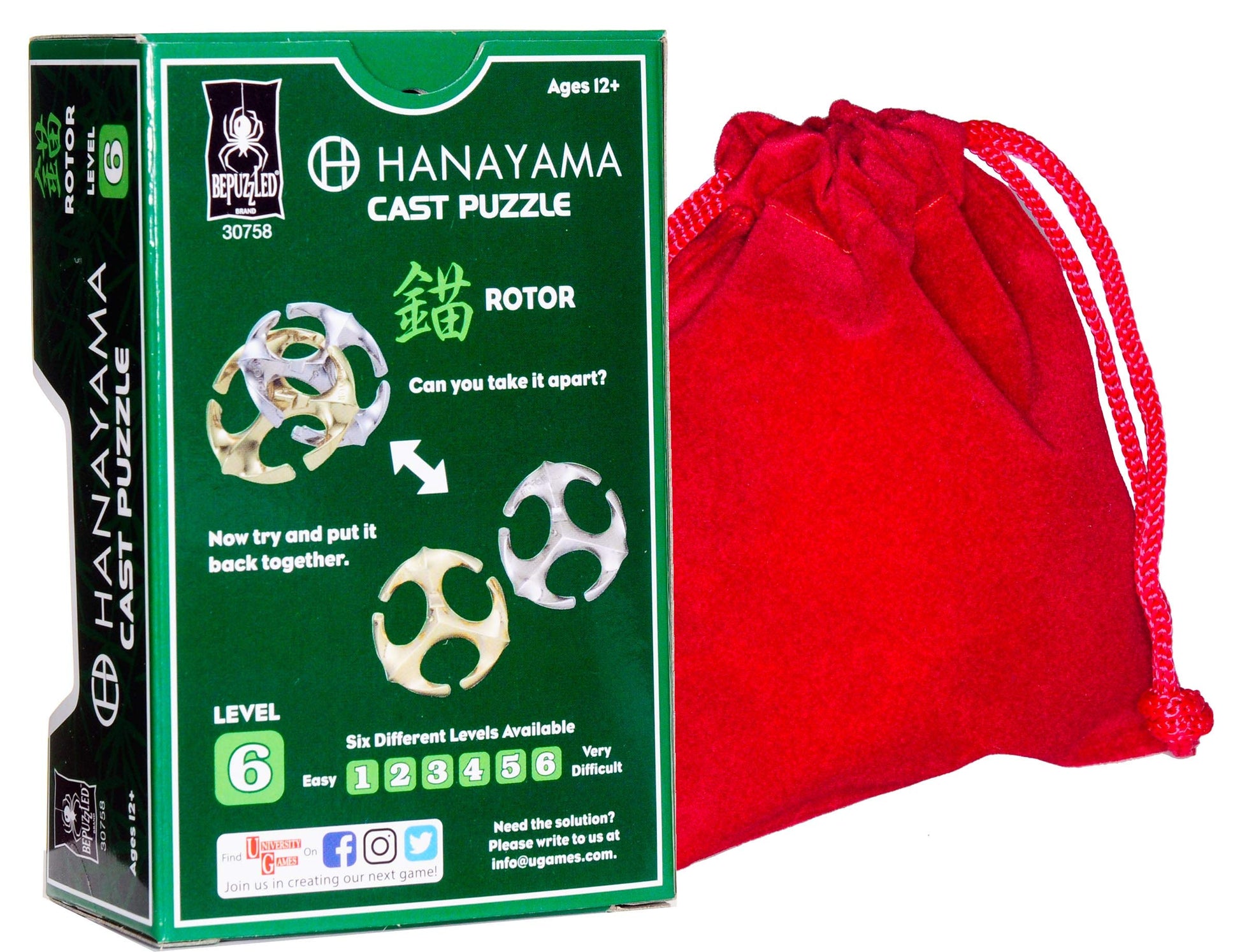 Rotor Hanayama Puzzle, New 2020 Release, Level 6 Difficulty, RED Velveteen Pouch