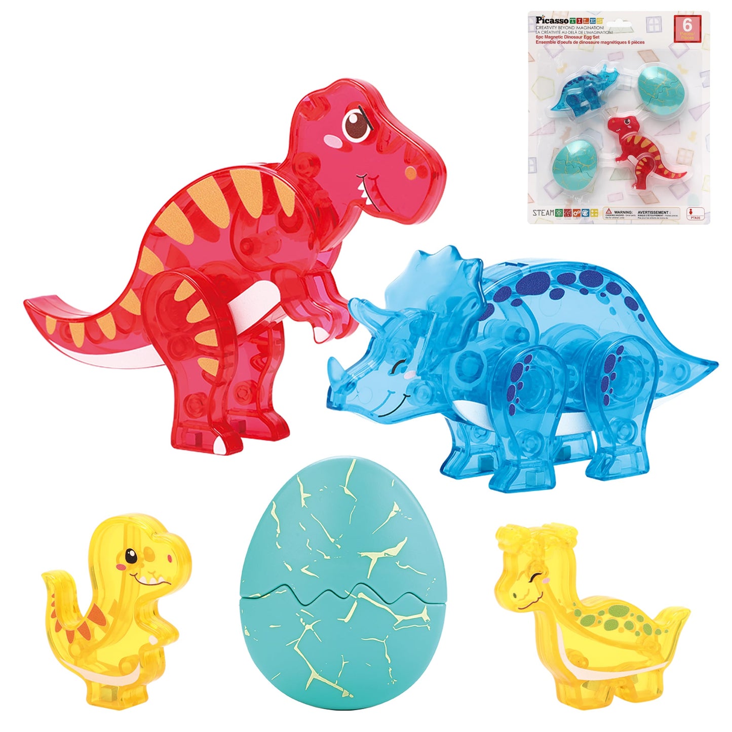 PicassoTiles Magnetic Tiles Dinosaur Egg Set 4 Dinos with 2 Hatchable Eggs Character Action Figures Accessory for Magnet Tile Building Construction