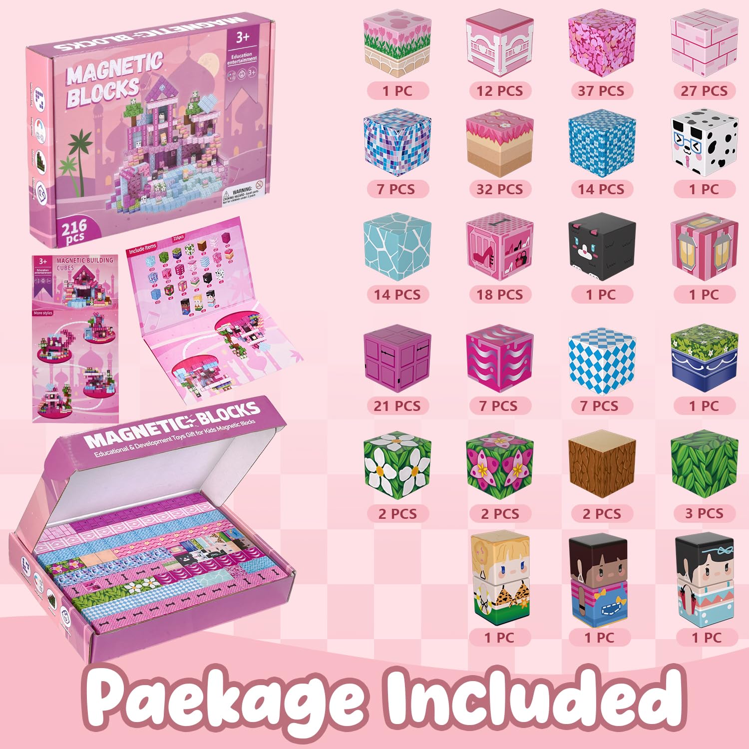 ADAH 216PCS Magnetic Building Blocks for Girls, Pink Princess STEM Toys for Ages 4-8, Creative Educational Building Toys for 3-6 Year Olds, Magic