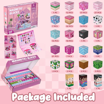 ADAH 216PCS Magnetic Building Blocks for Girls, Pink Princess STEM Toys for Ages 4-8, Creative Educational Building Toys for 3-6 Year Olds, Magic
