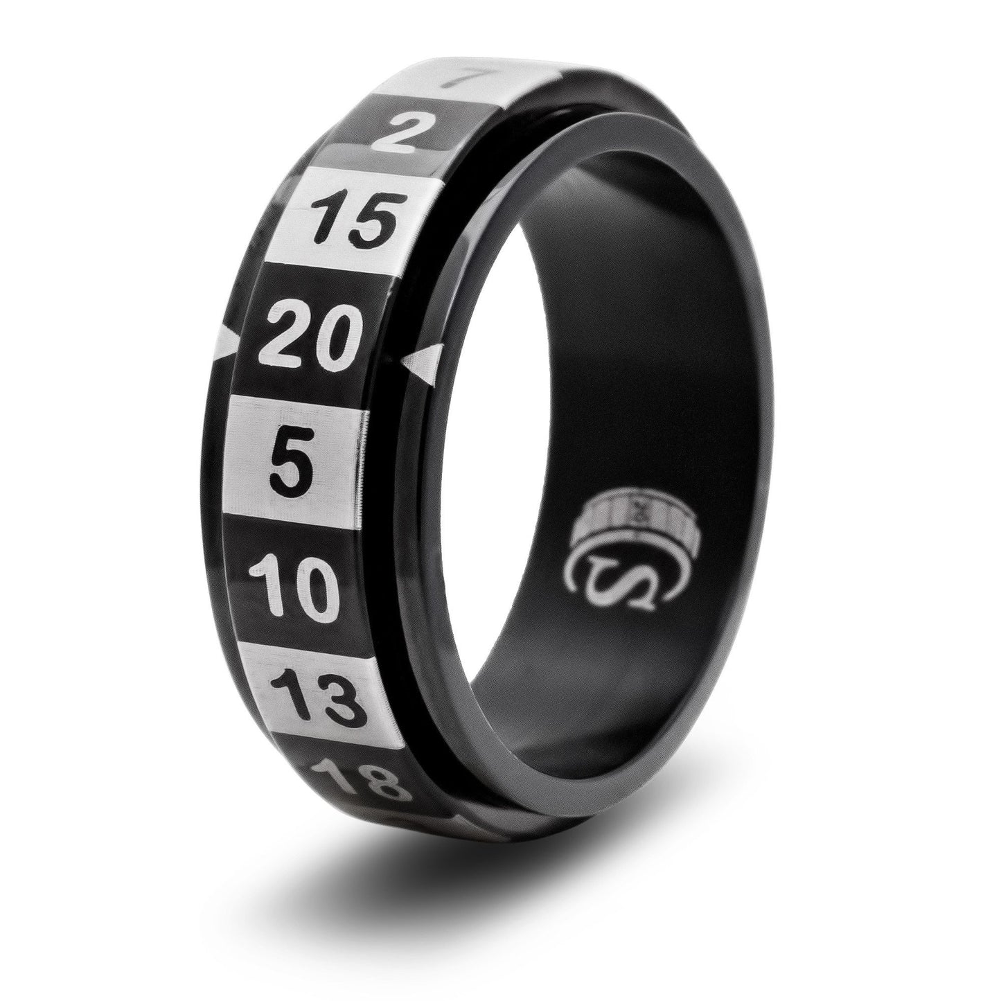 CritSuccess d20 Dice Ring with 20 Sided Die Spinner (Size 16 - Stainless Steel - Black)