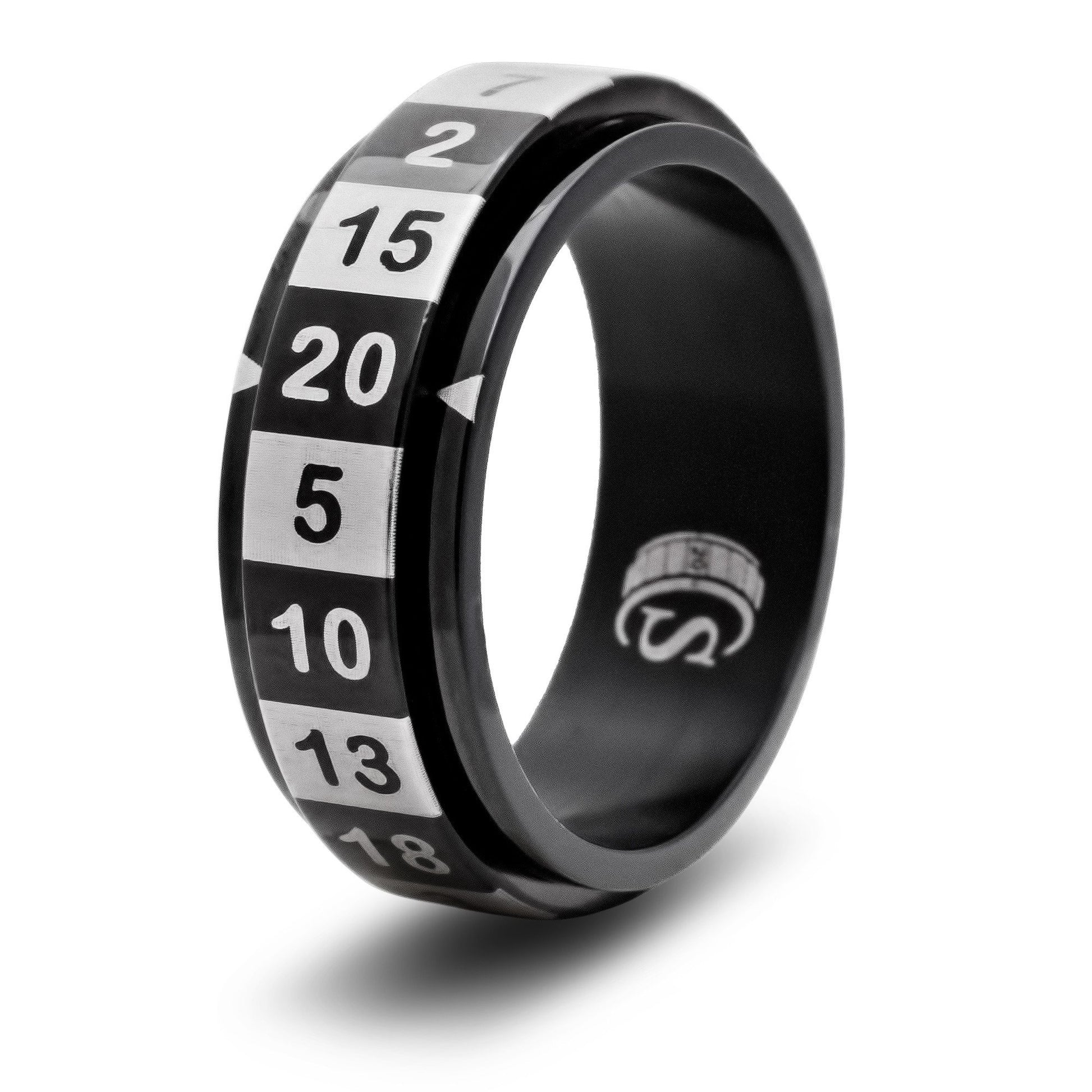 CritSuccess d20 Dice Ring with 20 Sided Die Spinner (Size 16 - Stainless Steel - Black)
