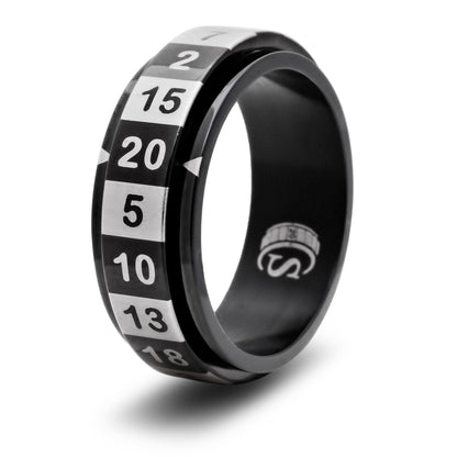 CritSuccess d20 Dice Ring with 20 Sided Die Spinner (Size 16 - Stainless Steel - Black)