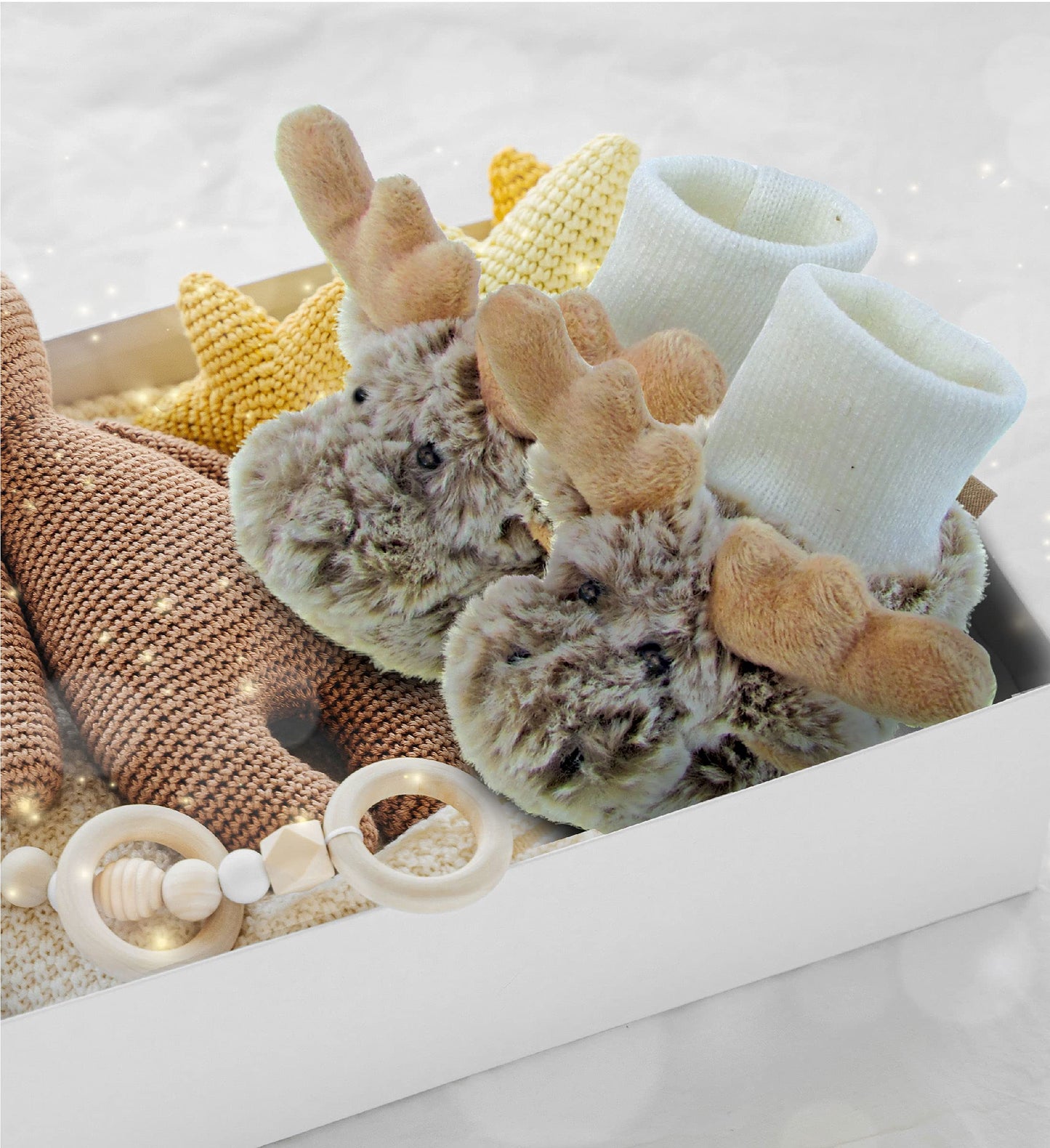Puzzled DolliBu Brown Moose Soft Plush Baby Shoes - Soft & Fluffy Wild Life Fleece Unisex Footwear with Stuffed Animal Moose for Baby Boy or Girl