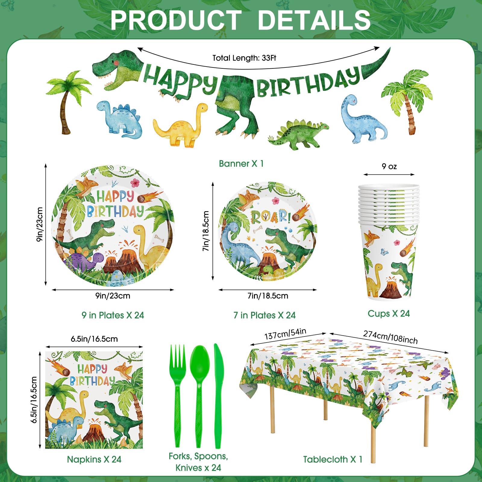 170 Pcs Dinosaur Birthday Decorations - Jungle Dino Party Supplies Sets, Includes Happy Birthday Dinner Plates Napkins, Flatware, Banners and Cups