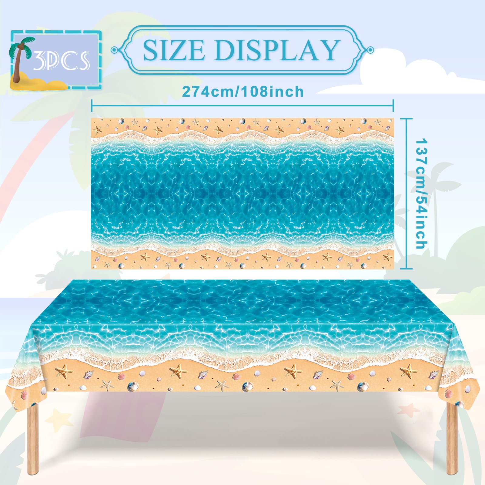 Temicle 3-Piece 54 x 108 Inch Beach Theme Plastic Tablecloth - Summer Ocean Wave and Seashell Design Disposable Rectangle Table Cover for Pool