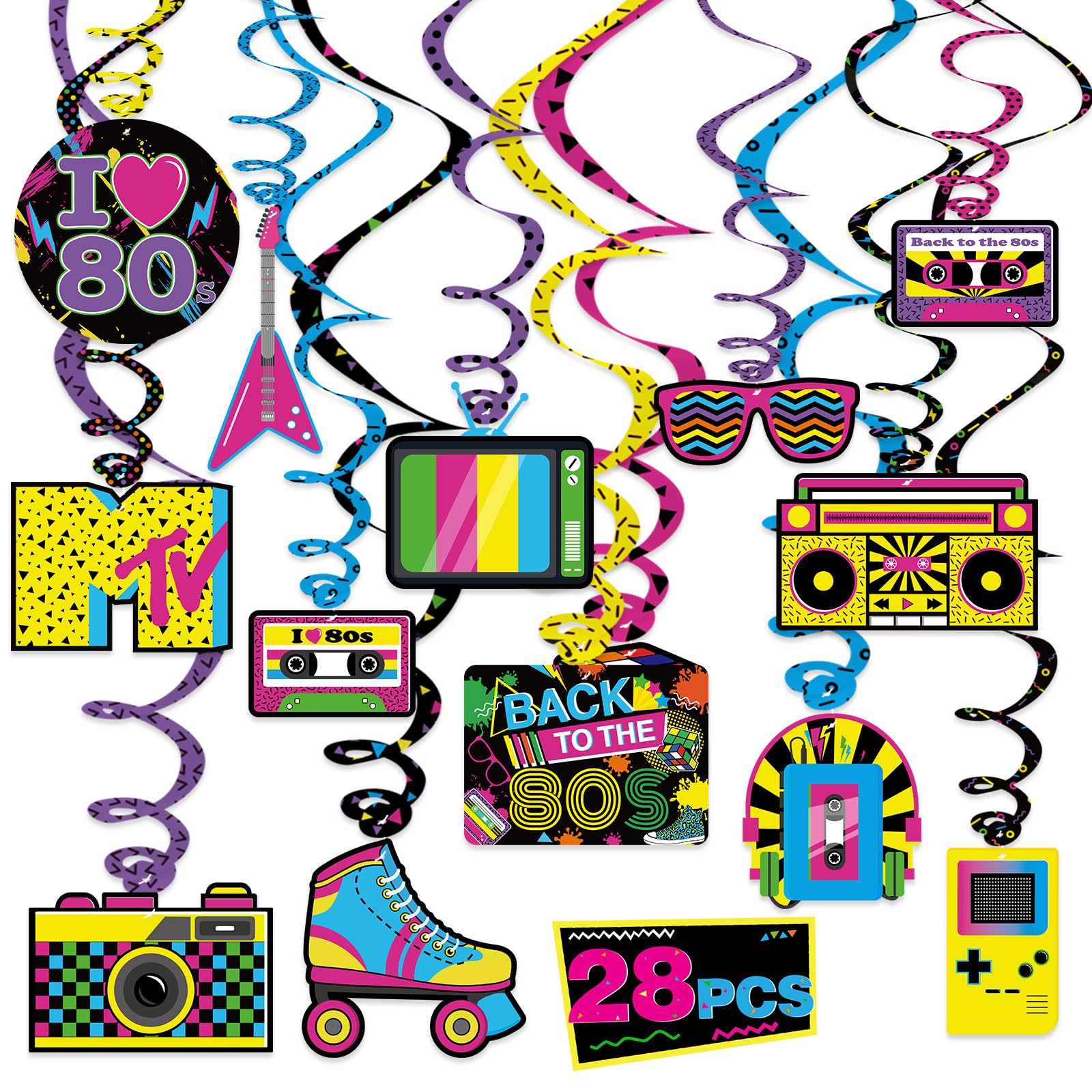 Bessmoso 28PCS 80s Party Decorations - Retro Hanging Swirls & Ceiling Streamers for 1980s Throwback Birthday, Neon Back to The 80’s Party Supplies