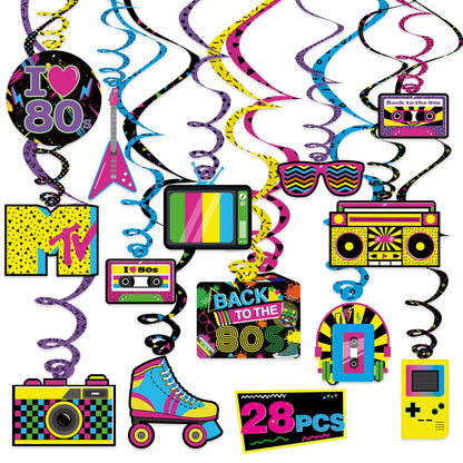 Bessmoso 28PCS 80s Party Decorations - Retro Hanging Swirls & Ceiling Streamers for 1980s Throwback Birthday, Neon Back to The 80’s Party Supplies