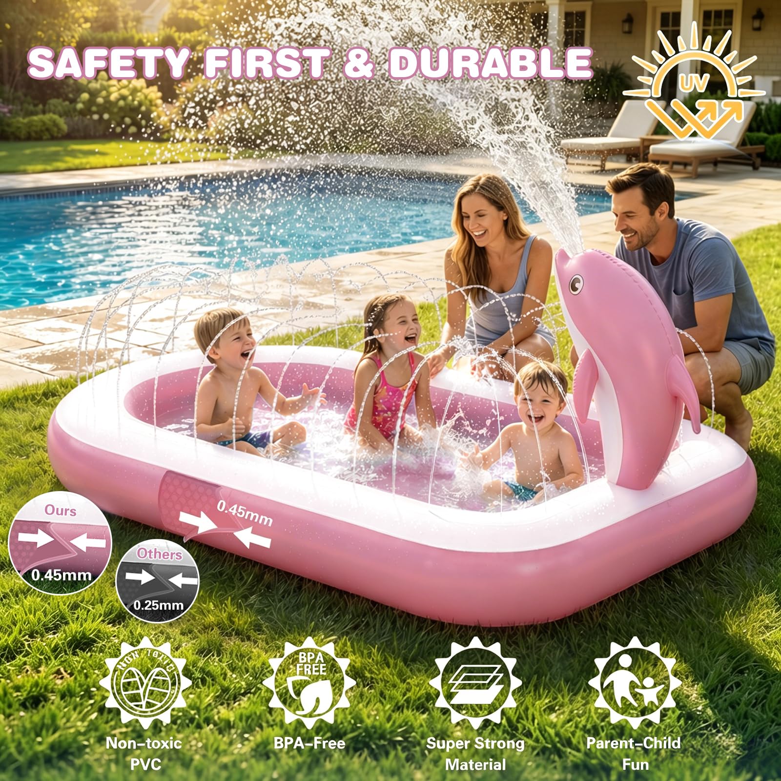 Splash Pads for Toddlers 1-3, Dolphin Toy Sprinkler for Kids, Outdoor Play Mat for Babies, 68" Backyard Inflatable Kiddie Pool, Splash Pad for Kids