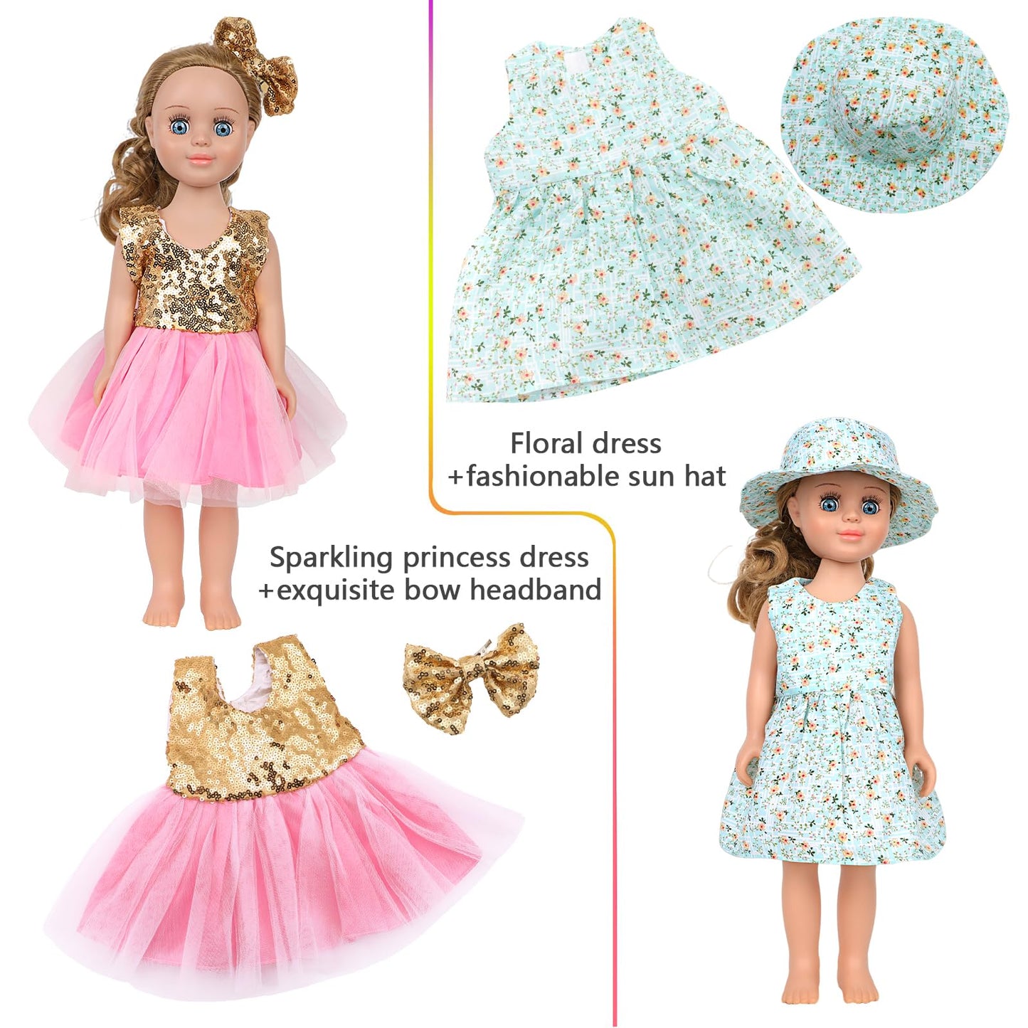 MSYO 10 Sets 20 Pcs Doll Clothes & Accessories for 17-18 Inch Dolls | Girl Doll Outfits with Dresses, Swimwear, Pajamas, Hats & Hair Clips