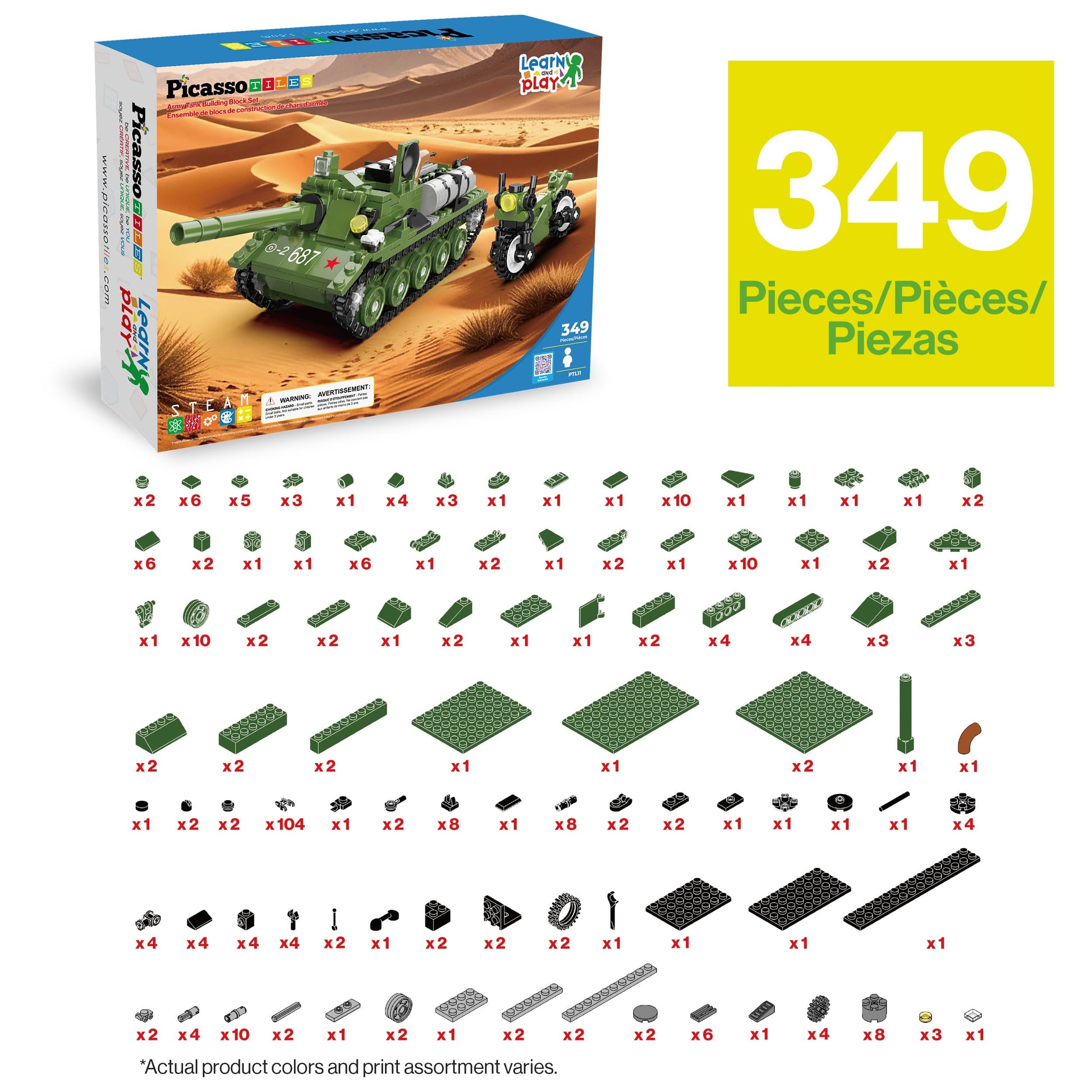 PicassoTiles Army Tank And Military Motorcycle 349pc Bricks Blocks Building Set STEM Learning Tactical Vehicle Toy Compatible With Major Interlocking