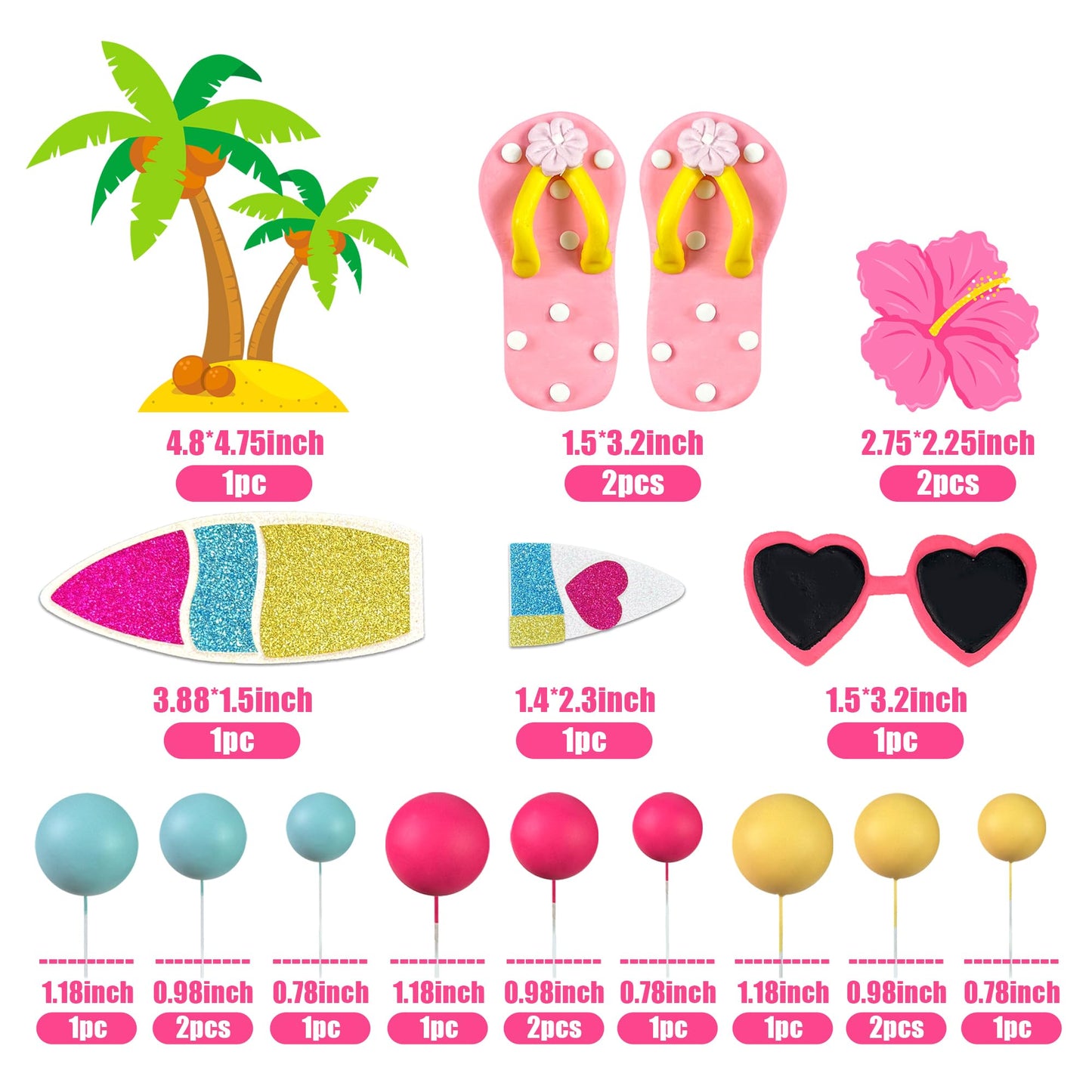 18 PCS Beach Cake Topper Summer Hawaiian Cake Decorations with Slipper and Sunglasses Clay for Swimming Pool Aloha