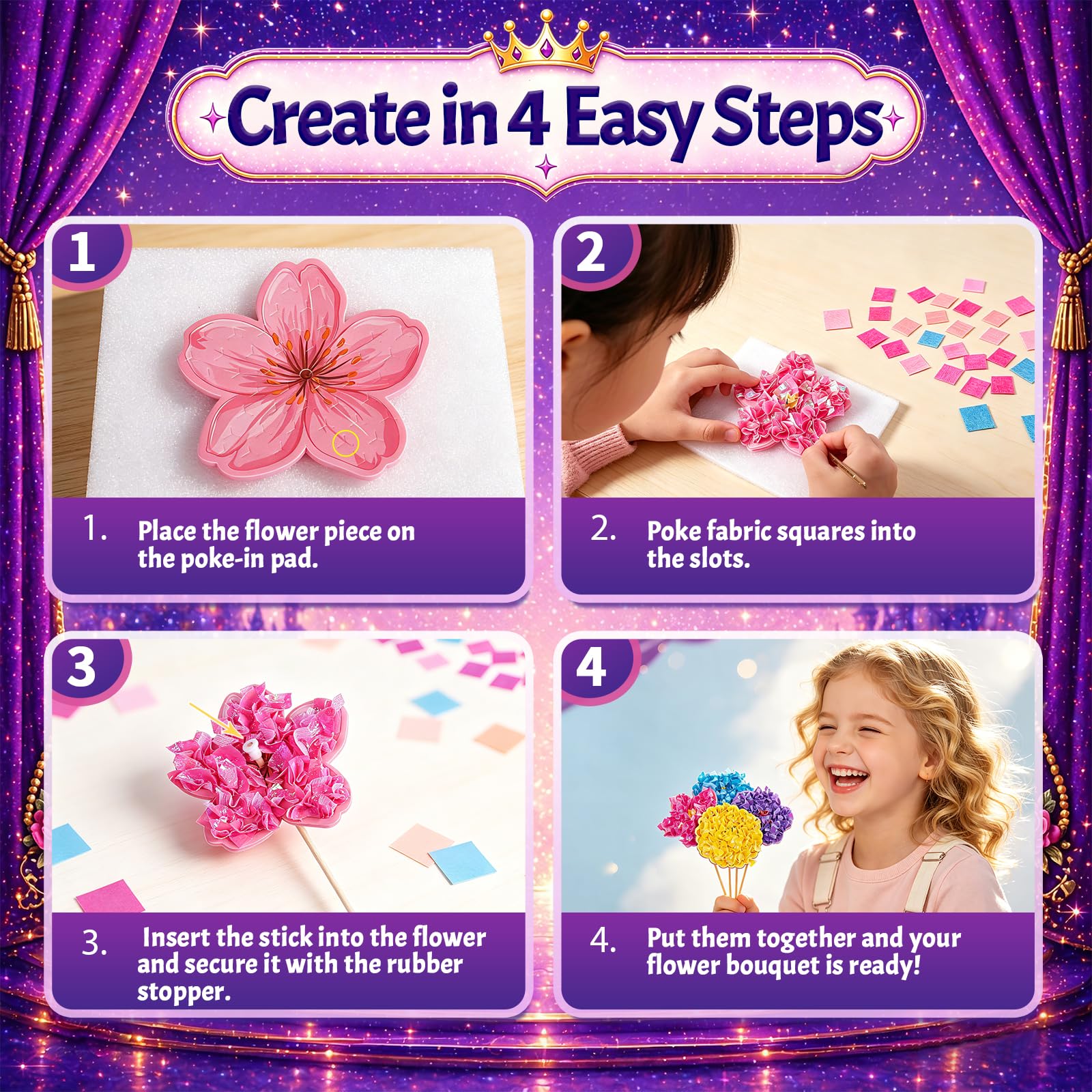 RGIMRTO Poke Art Craft Kit for Kids, 2-in-1 7 Princess +10 Flowers Craft Set with Display Board, Mess Free Craft Activity Birthday Gift for Girls Ages
