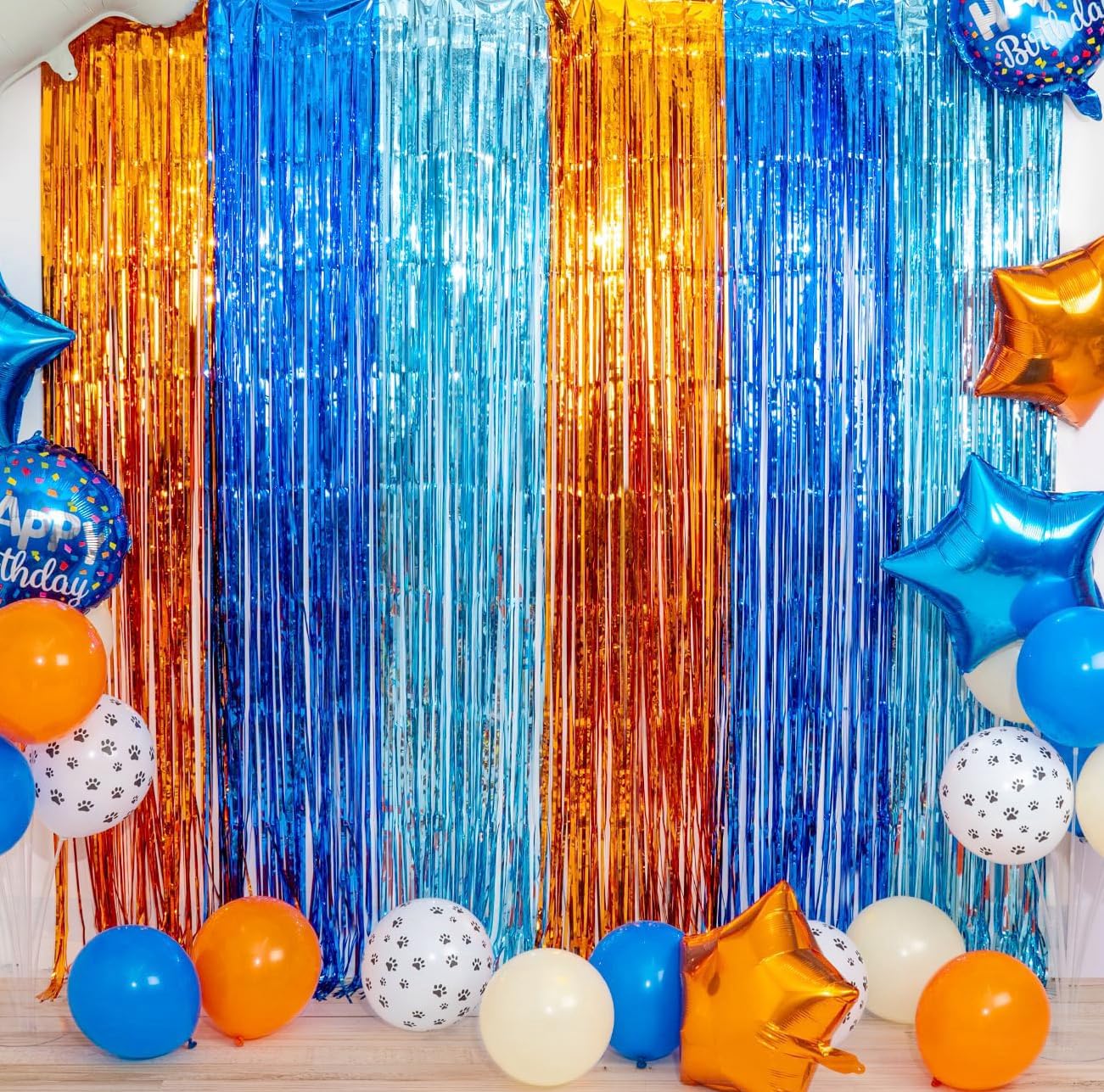 Blue Dog Birthday Party Supplies, 2 Packs 3.3x6.6 ft Foil Fringe Curtains, Orange Light blue Tinsel Metallic Streamers, Photo Booth Props Streamer