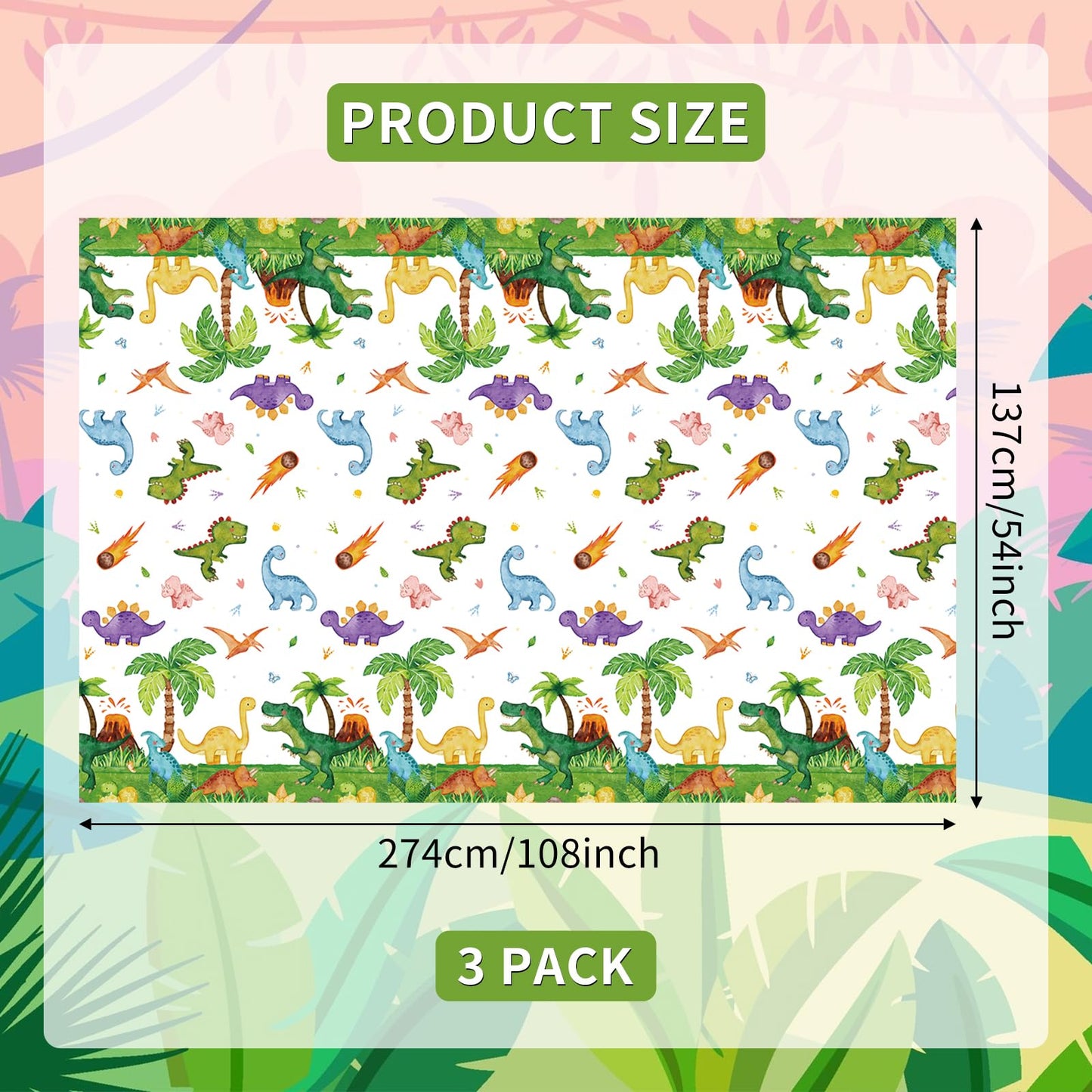 SpinLaLa 3-Piece 54 x 108 Inch Dinosaur Theme Plastic Tablecloth - Disposable Rectangle Table Cover for Dining, Picnic, Birthday, Baby Shower, Dino